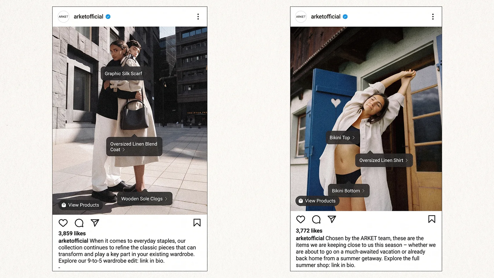 ARKET comparative seasonal campaign review shoppable Instagram posts Graphic Silk Scarf Oversized Linen Coat Bikini Top