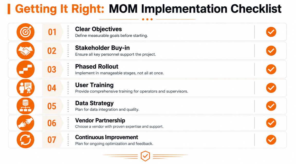 A checklist infographic outlining seven essential steps for successful Manufacturing Operations Management (MOM) software implementation.