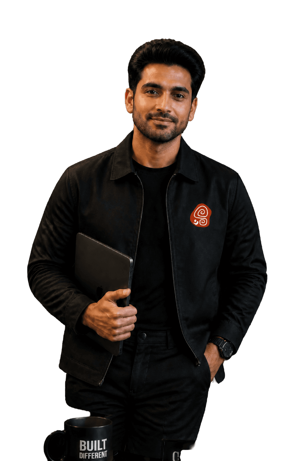Rahul, a young man in a dark jacket holding a laptop