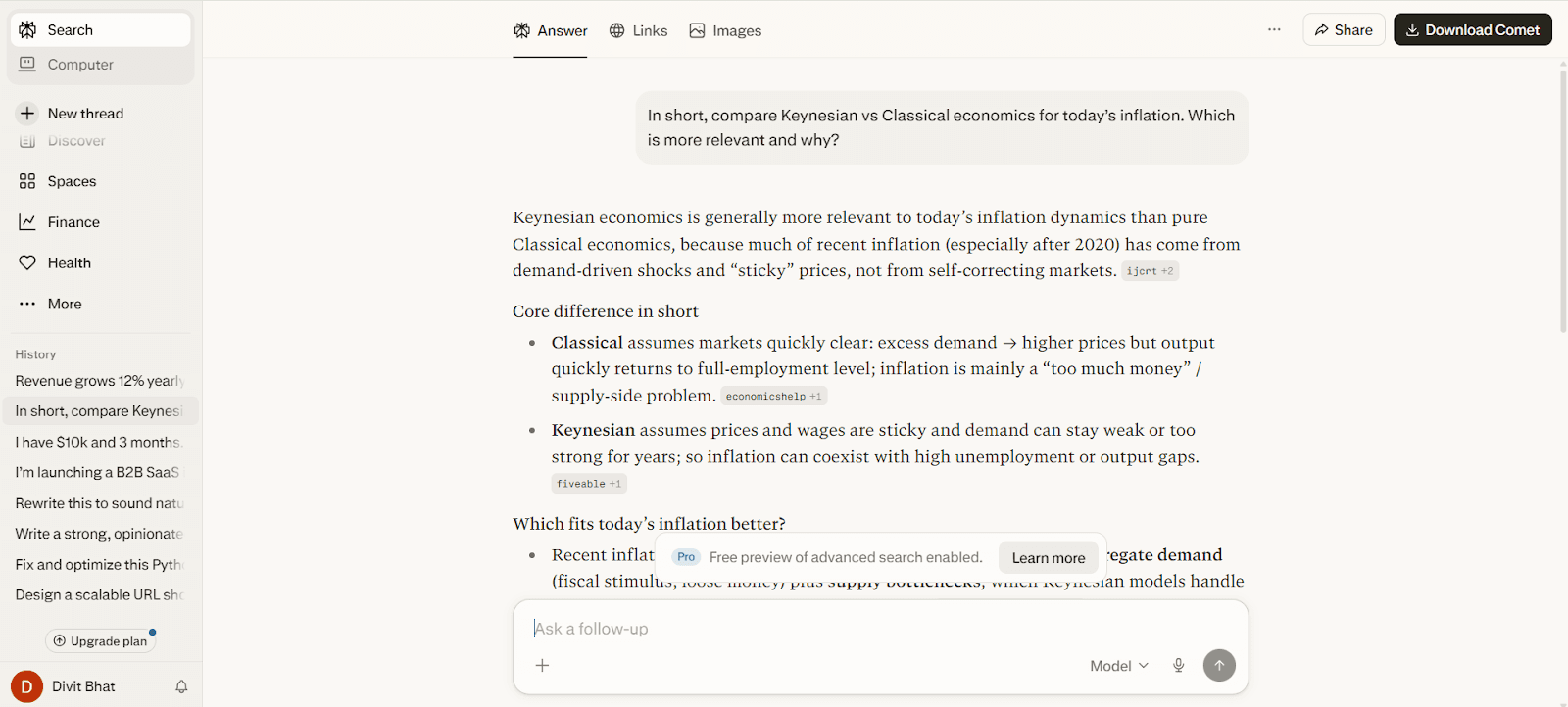 Perplexity Output for Comparing economic theories in a real-world context