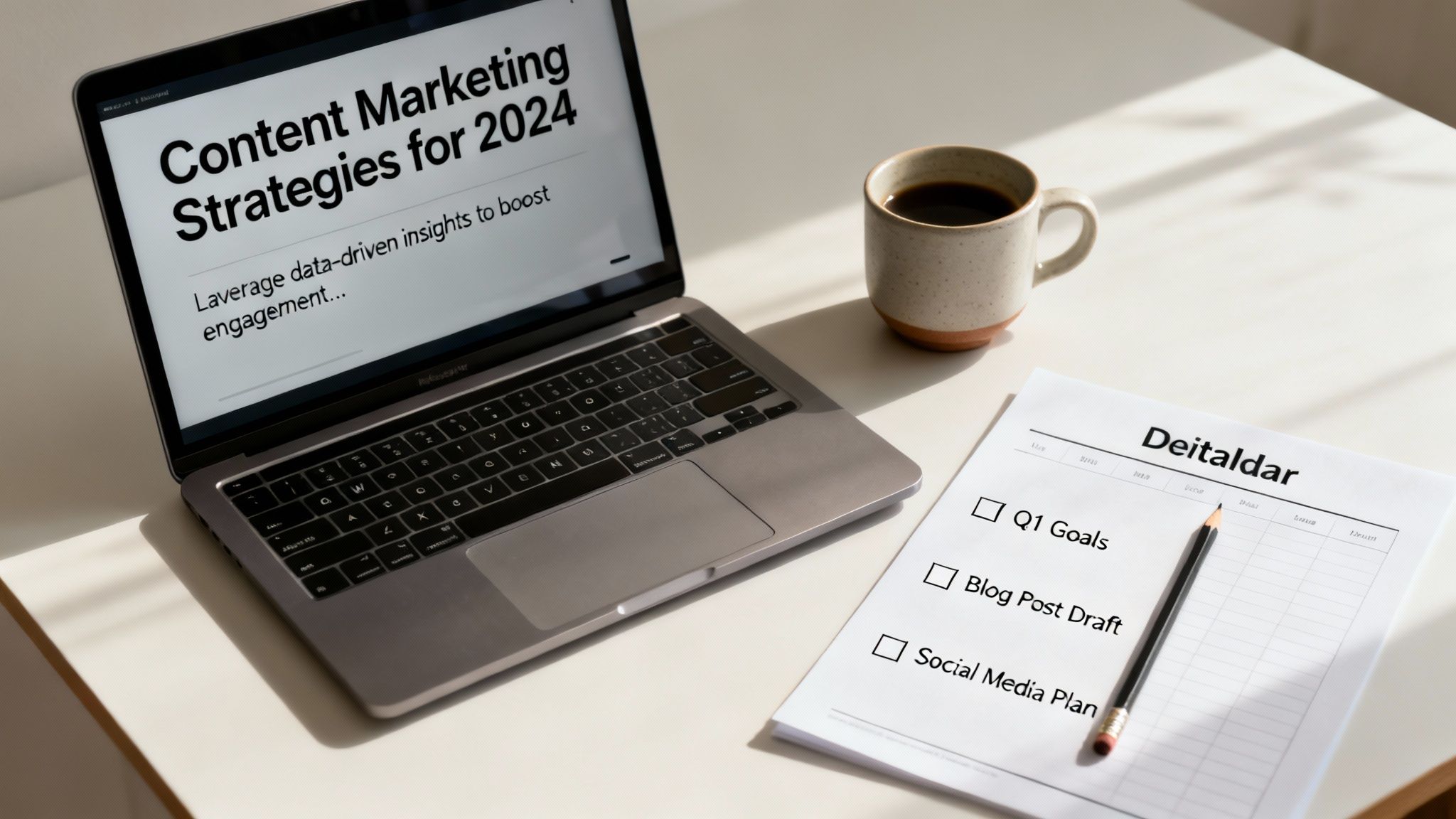 Laptop displaying content marketing strategies with checklist and coffee on desk