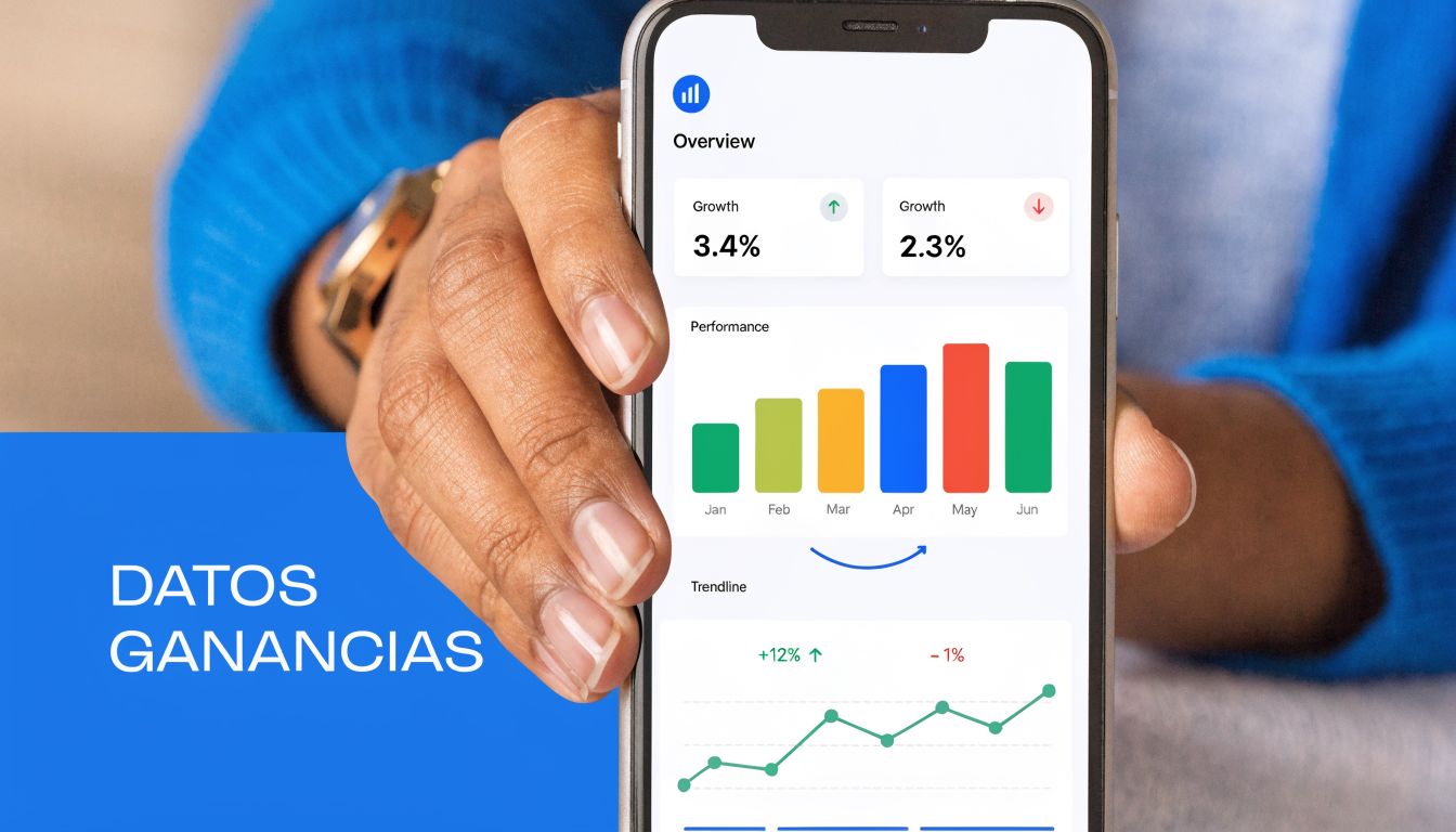 Una persona sosteniendo un teléfono inteligente que muestra una aplicación de análisis de datos y ganancias financieras.