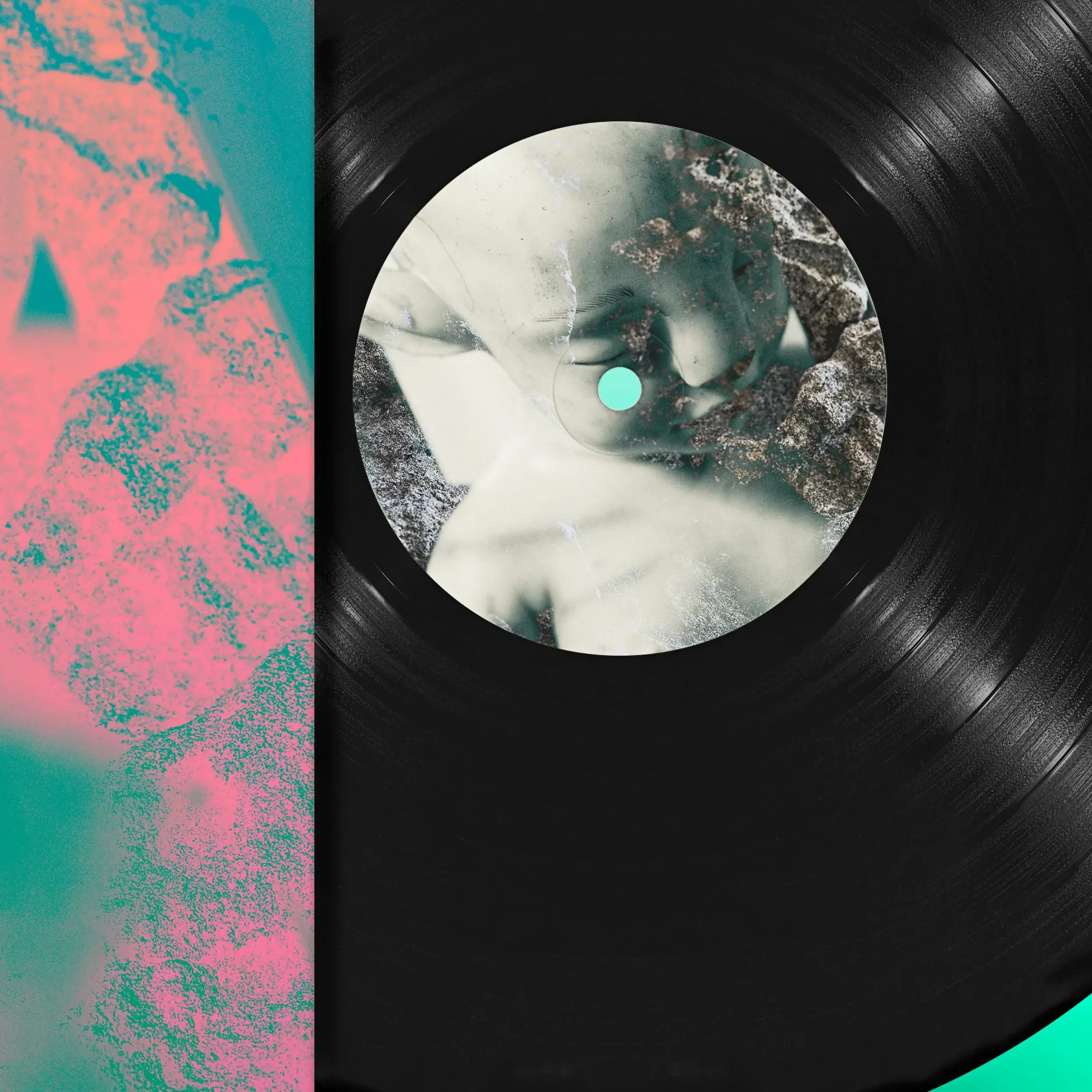 Design de vinyle de musique LP psychédelique mêlant graphisme surréaliste et photographie esthétique