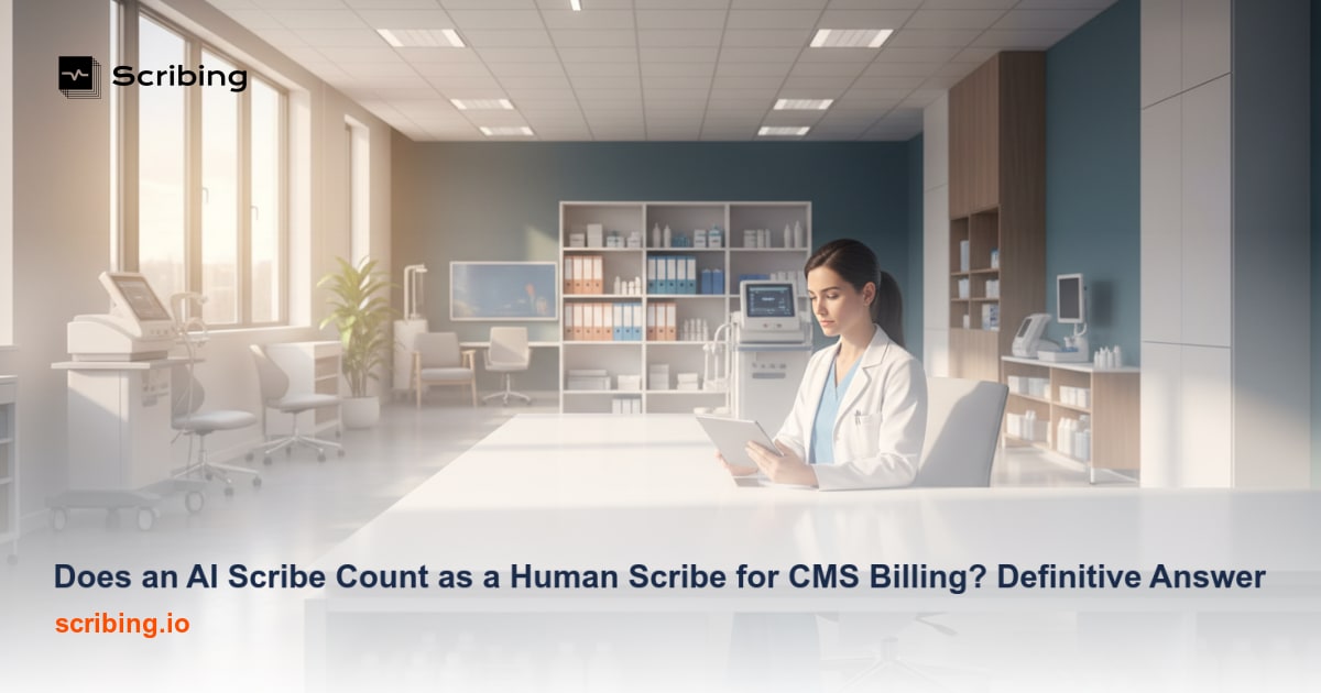 Physician reviewing AI-generated clinical documentation at a desk, illustrating the distinction between AI scribes and human scribes for CMS billing compliance