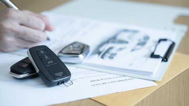 a report on a desk beside a pair of reading glasses and a set of car keys