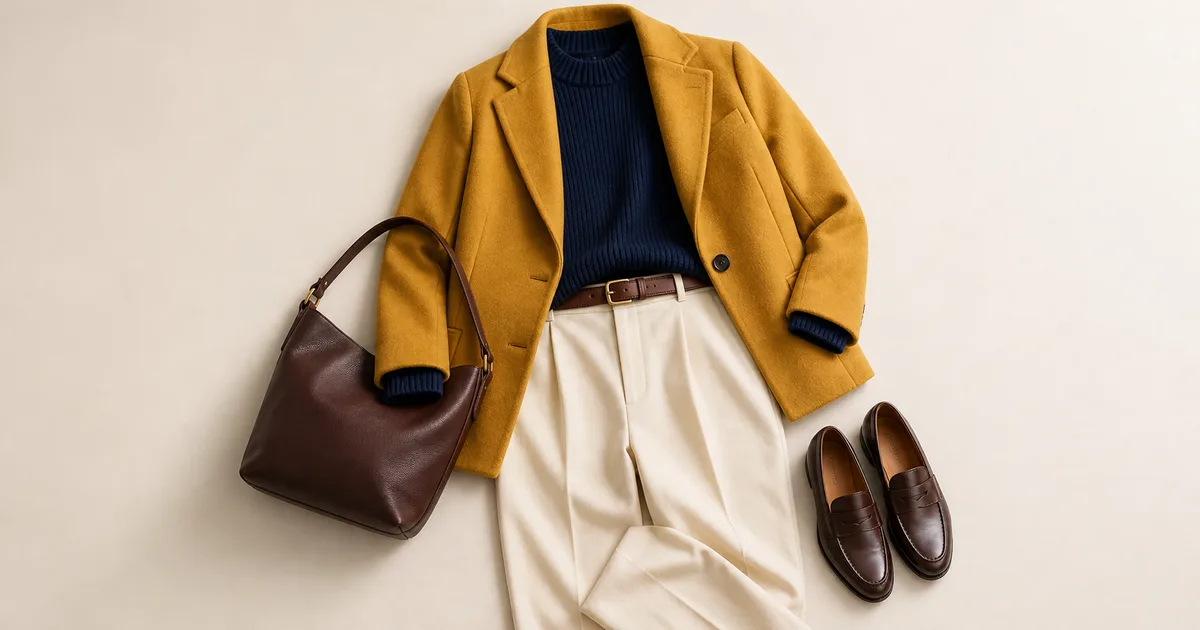 A mustard yellow wool coat laid flat with a navy ribbed knit, cream trousers, brown shoulder bag, and brown loafers on a warm ivory background