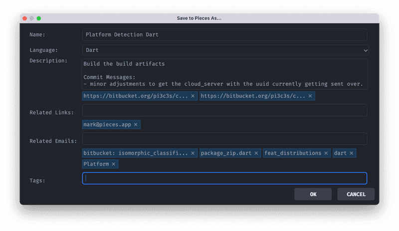 The Save to Pieces window with Git context.