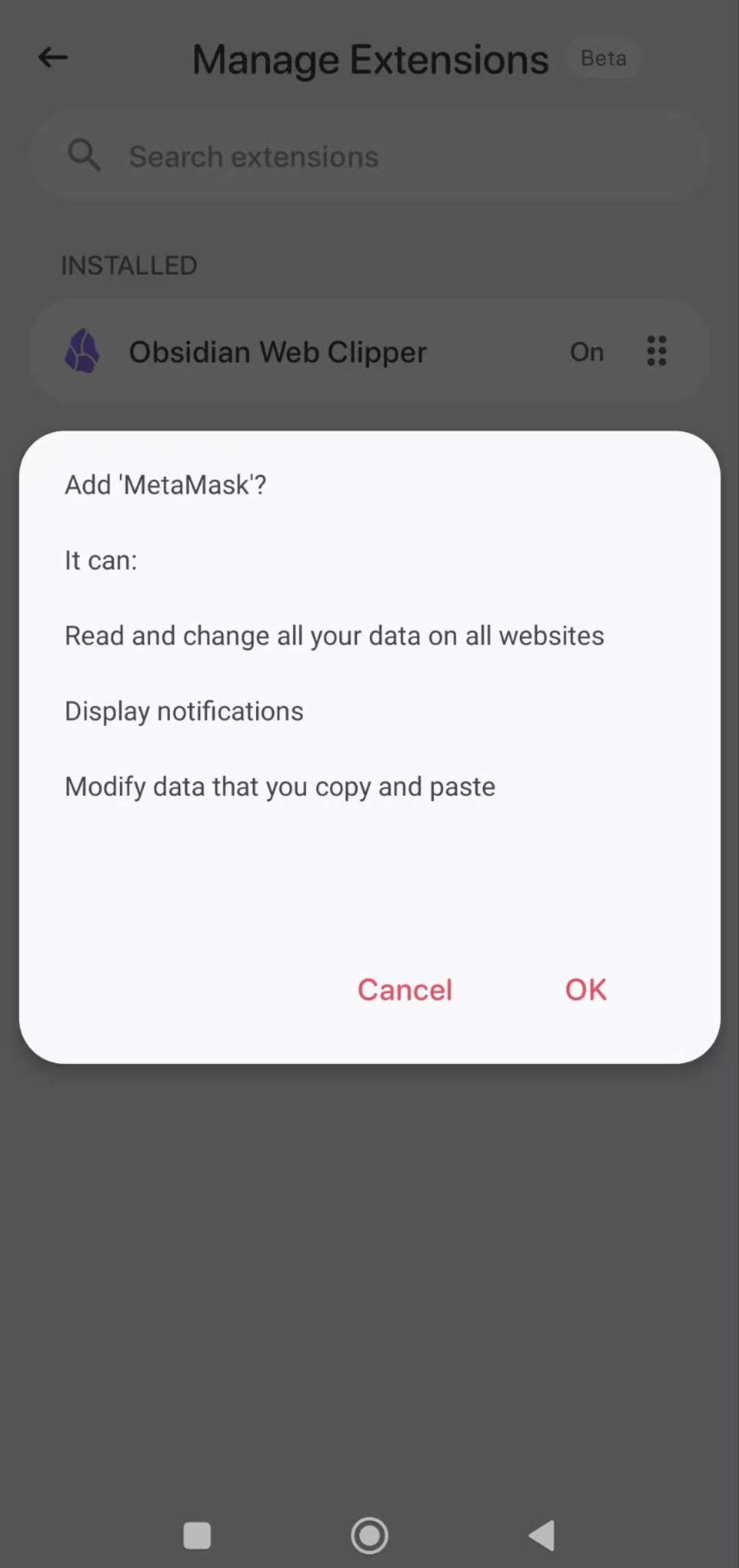 Reviewing browser extension permissions before installation on Android
