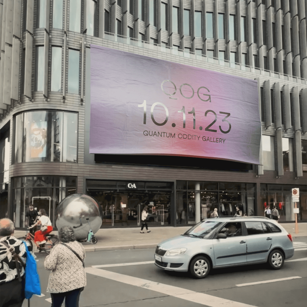 close up of a building billboard featuring our design for QOD Gallery