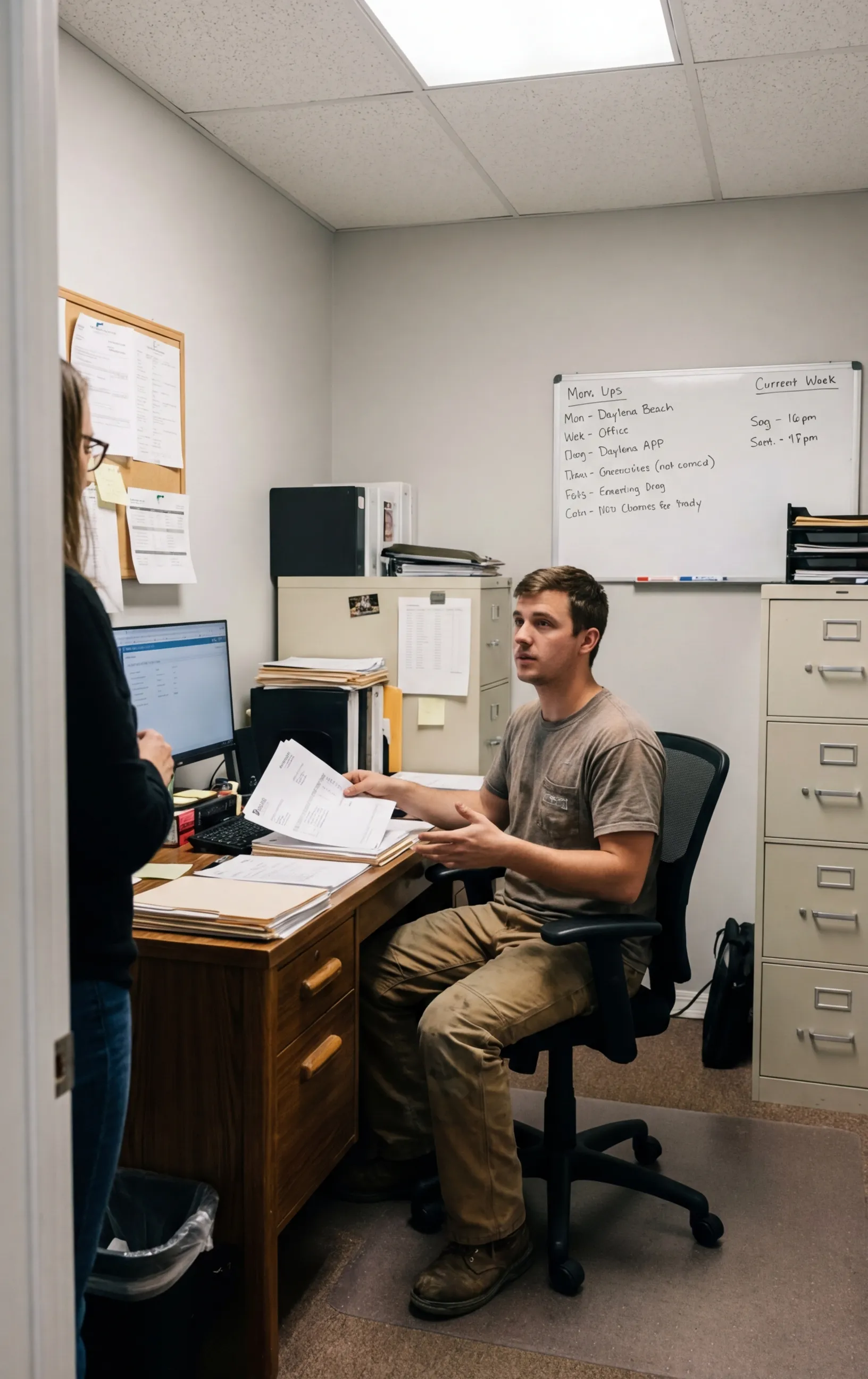 Man at desk discussing papers; RockN' Socials Digital Marketing Agency office.