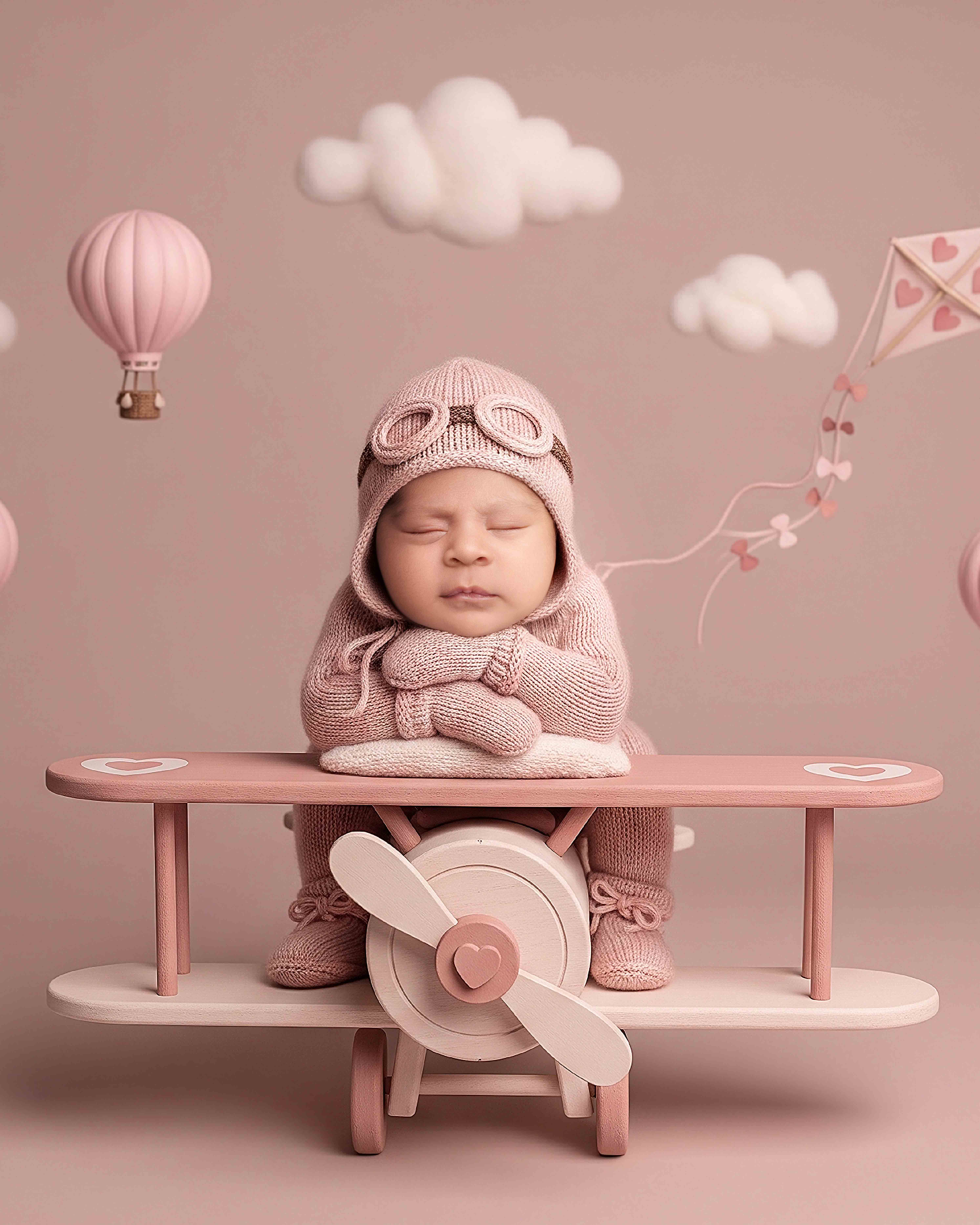Newborn baby in dreamy pink cloud-themed setup at Bloom N’ Baby Studio