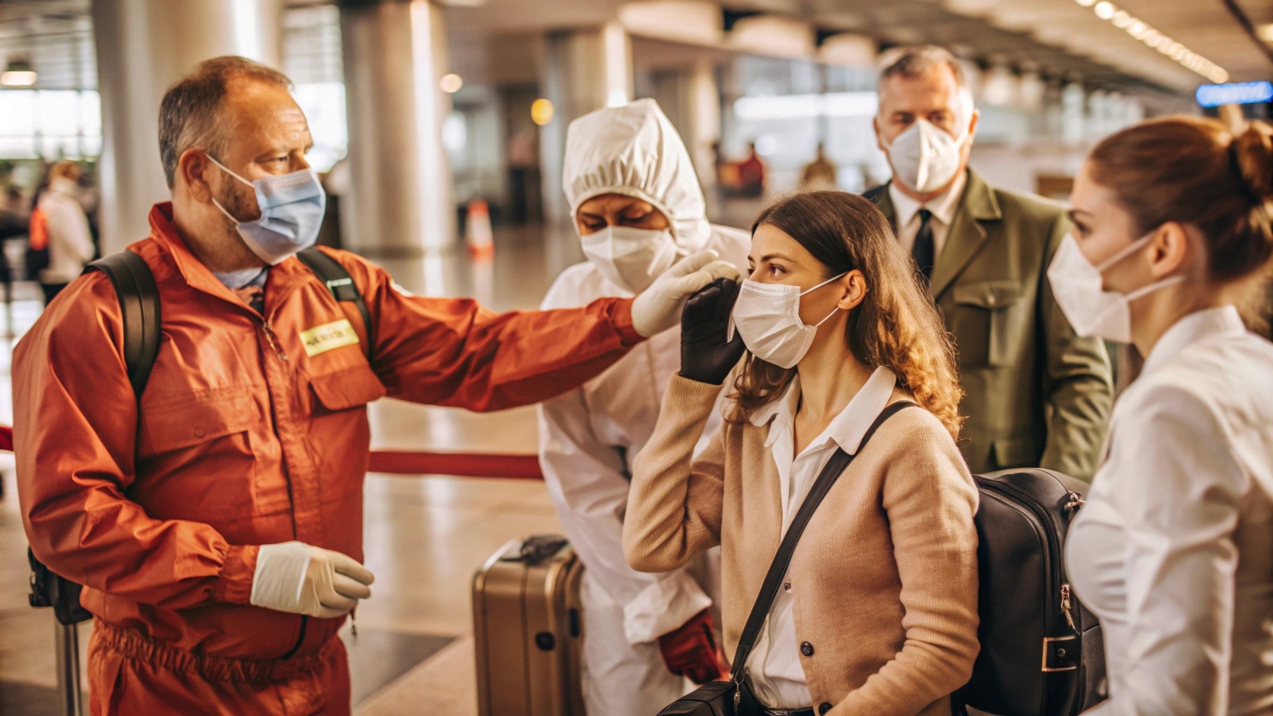 an Airport security furiously fights with fever sick people