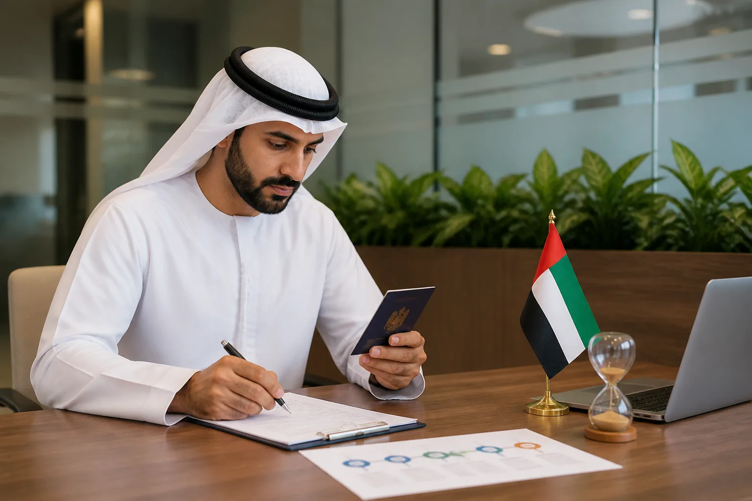 Investor Visa Processing Time in the UAE beside a passport, residence permit card and application