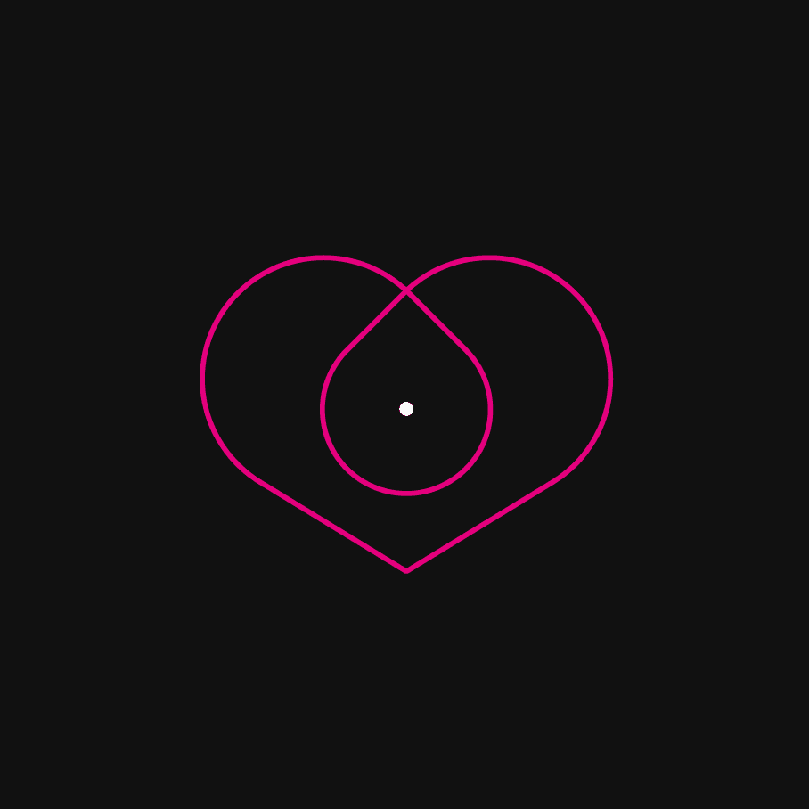 Simple line art of a stylised heart. pink lines on a black background.