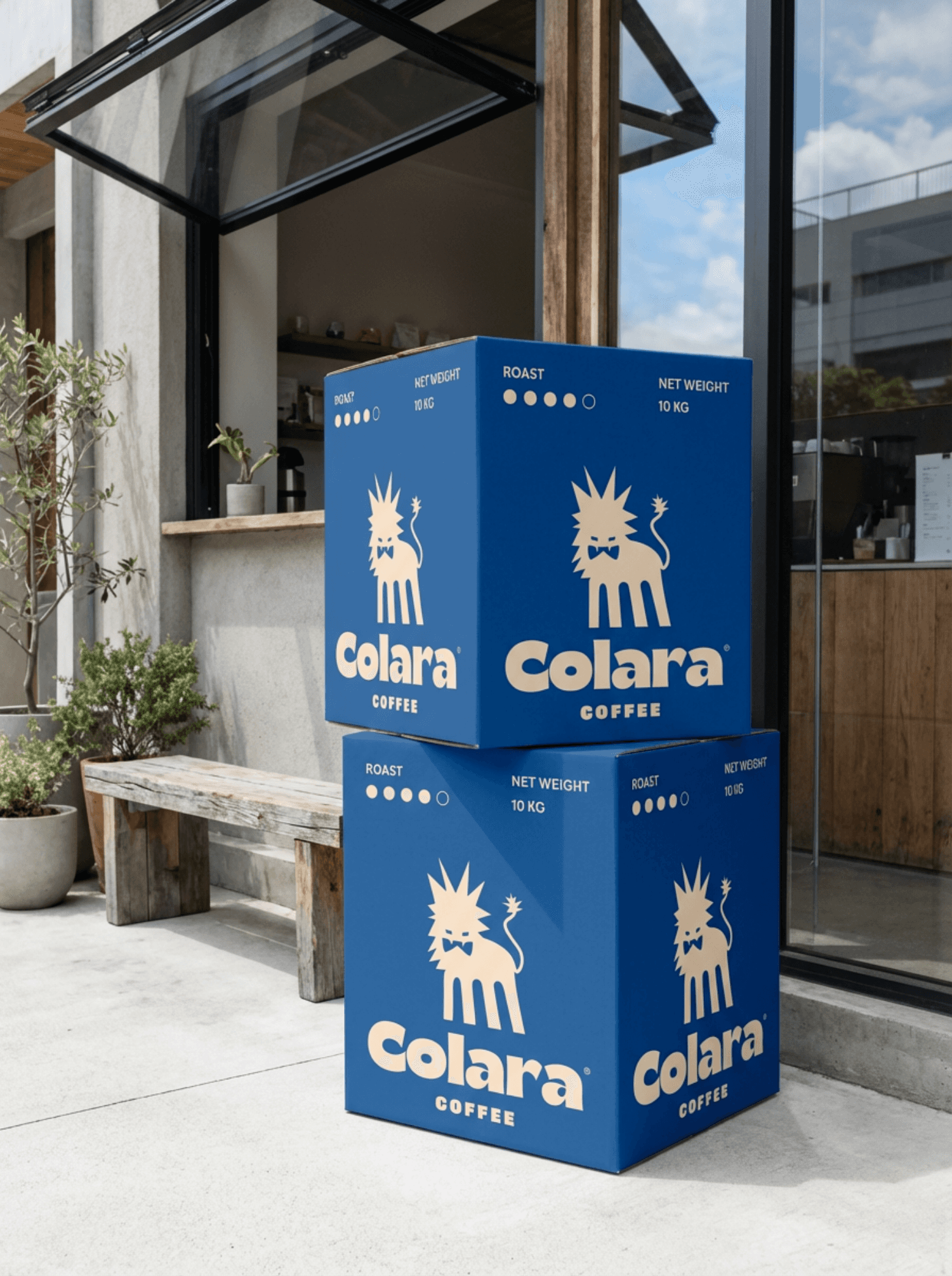 Blue box stacked outside a coffee shop