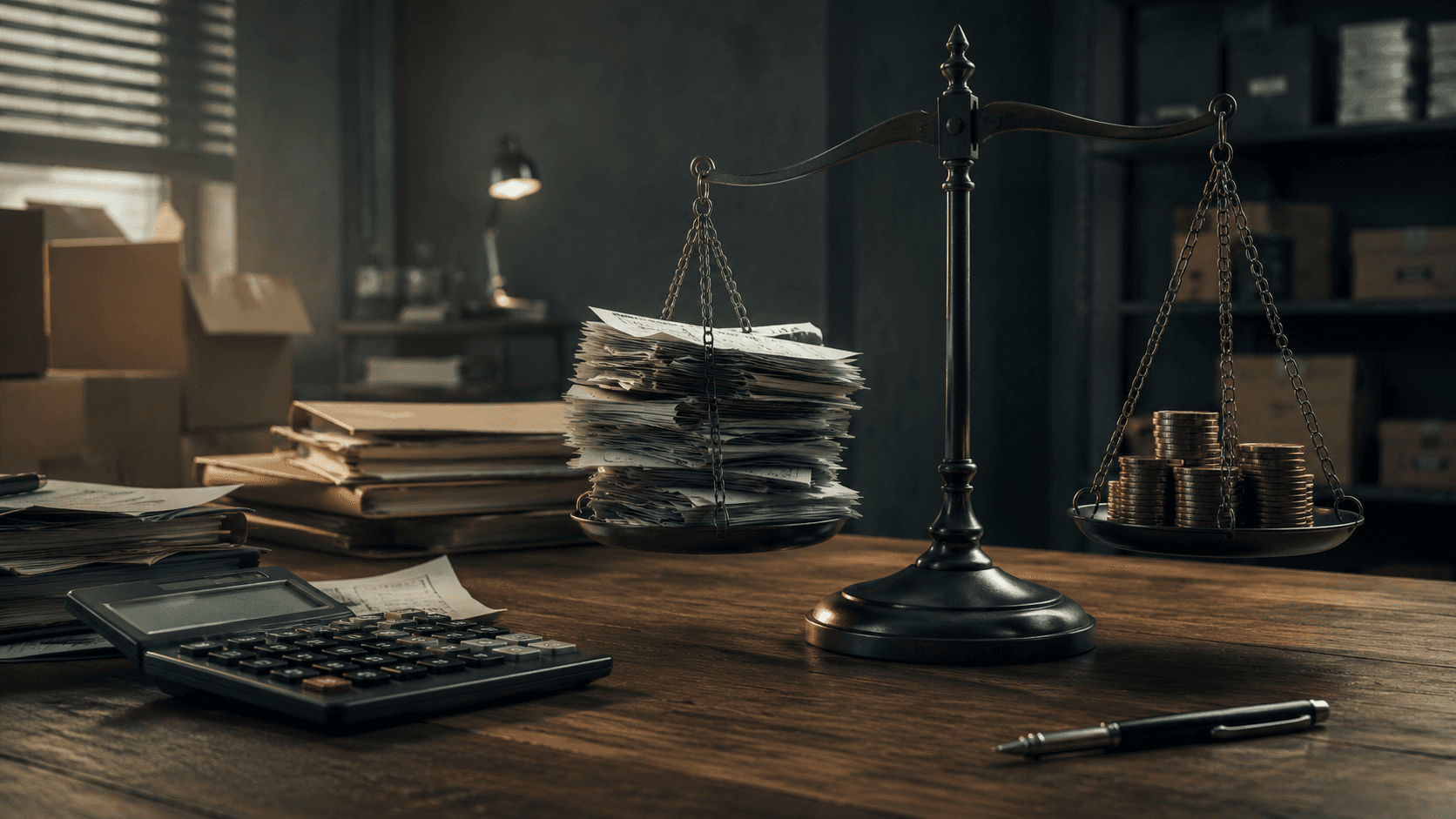 Renderização 3D realista em formato 16:9 mostrando uma mesa de escritório com documentos empilhados, calculadora, caneta e uma balança metálica. Em um dos pratos da balança há uma pilha de papéis e no outro várias moedas empilhadas, sugerindo desequilíbrio financeiro entre prazos de recebimento e custo do capital. O ambiente tem iluminação suave, tons escuros e aparência corporativa, transmitindo a ideia de gestão financeira, crédito e controle de fluxo de caixa. Não há pessoas nem textos na imagem.