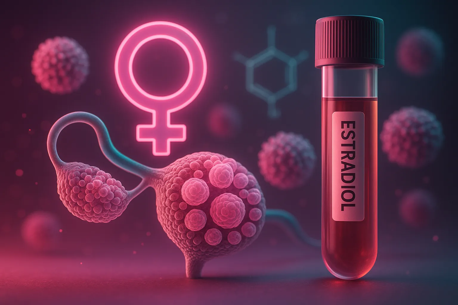 Blood tube labeled estradiol next to a glowing female symbol and stylized ovary in pink and teal light.