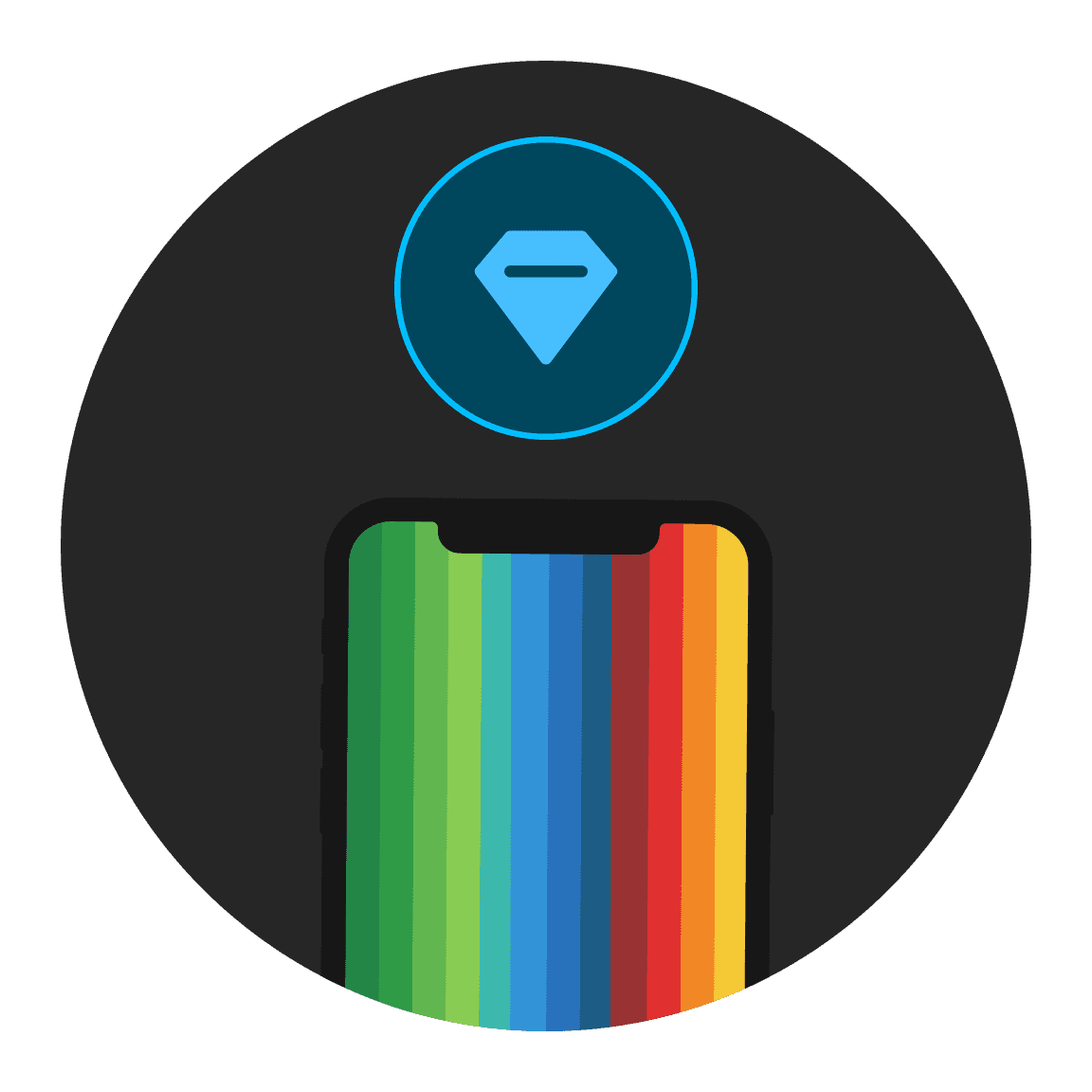 Gele hand die een telefoon vasthoudt waarop bunq-kaarten worden weergegeven, met een blauw locatiepictogram erboven.