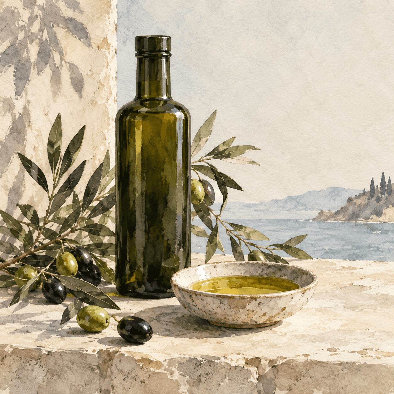 Watercolor illustration from the Olive Atelier estate