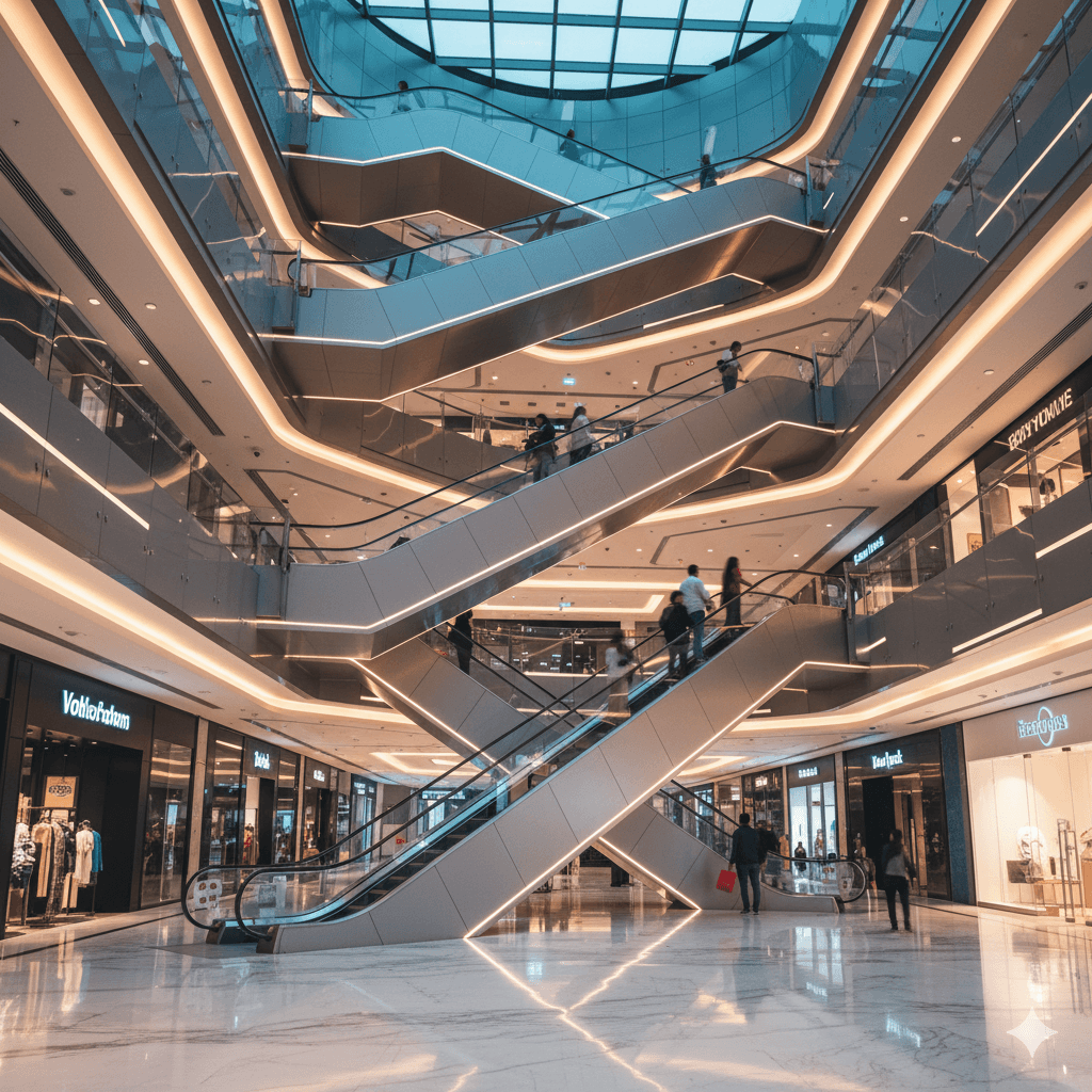 M3M Cosmopolitan mall interior escalators connecting retail floors