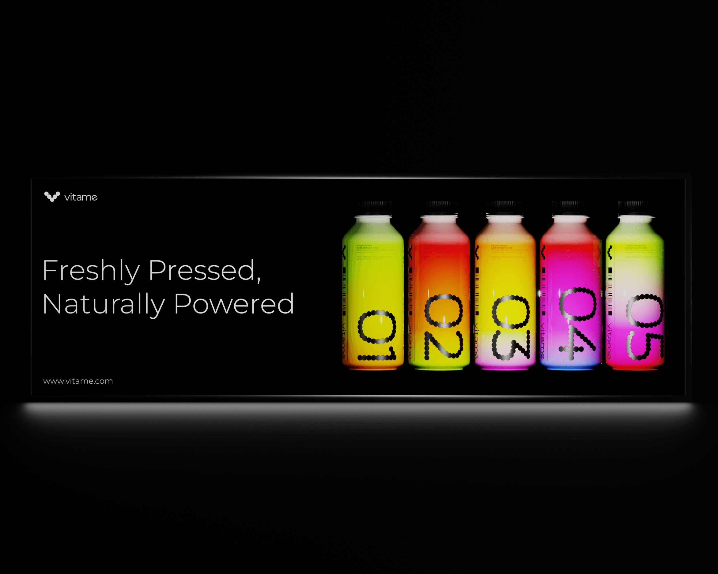 A mockup of a Vitame billboard design, featuring the words "Freshly pressed, Naturally Powered" with an image of the vibrantly colored juice bottles next to it.