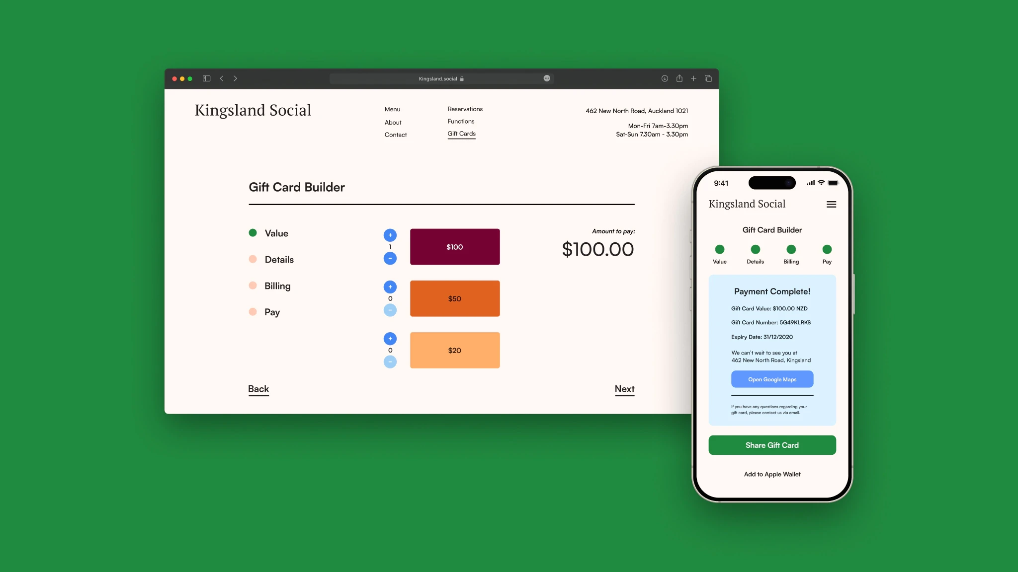 Gift card purchase flow for cafe Kingsland Social.