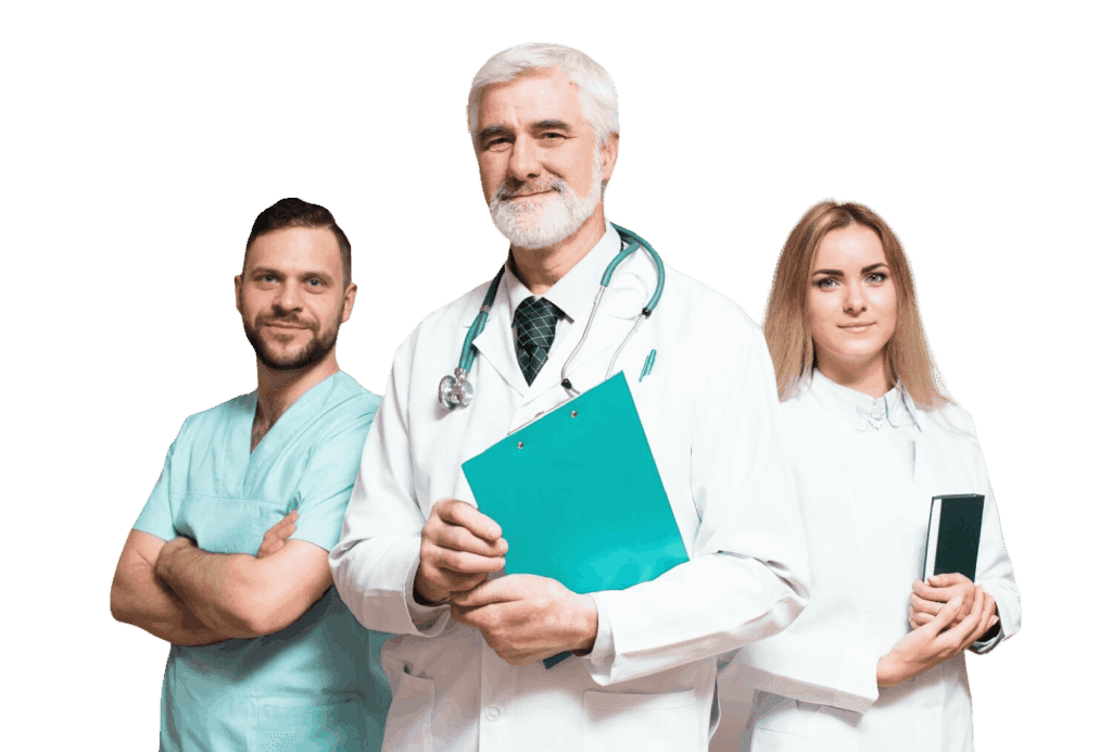 Three doctors in white coats standing confidently.