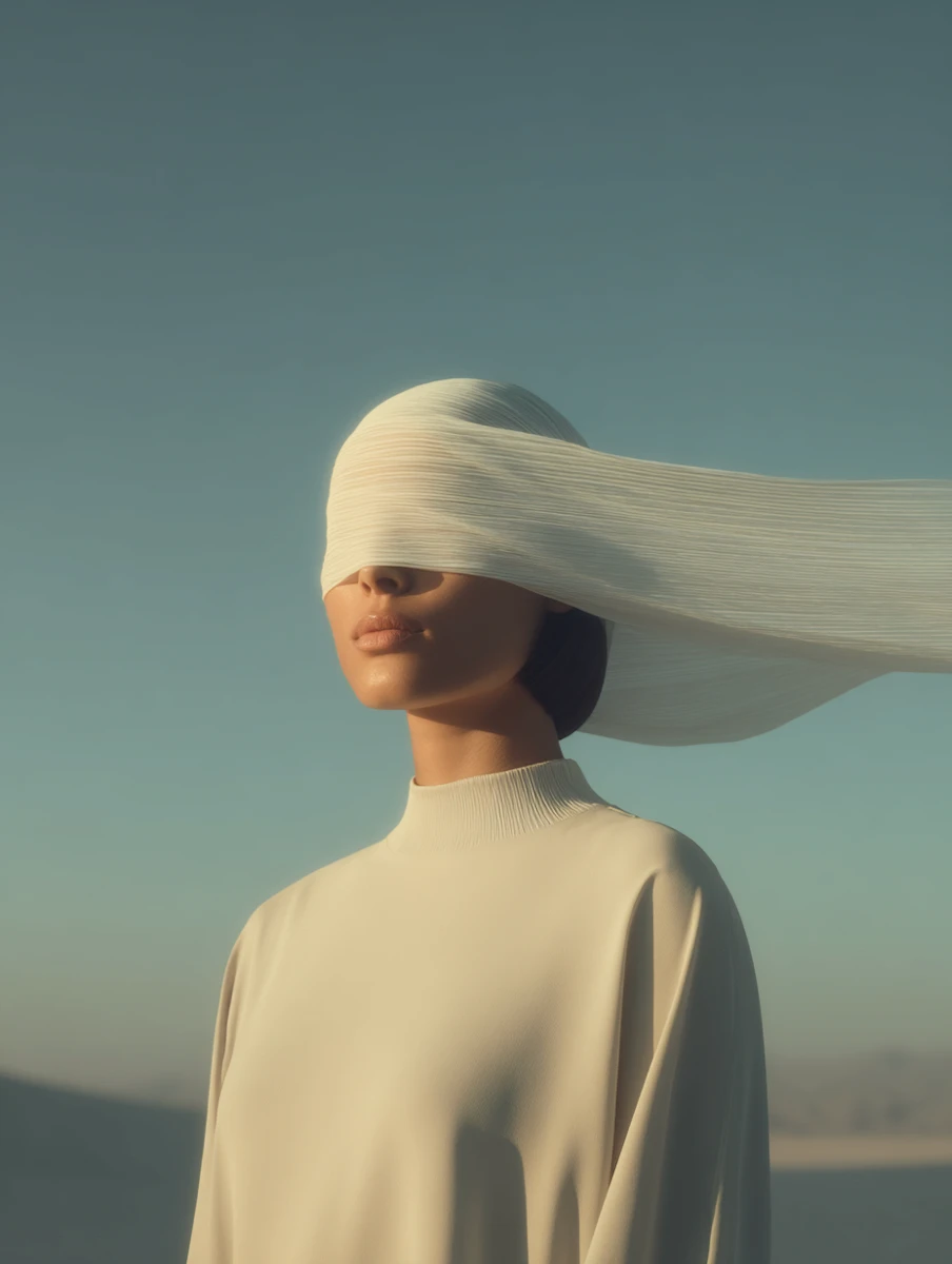 Surreal portrait of a woman wearing a cream top with a sheer white cloth draped over her eyes.