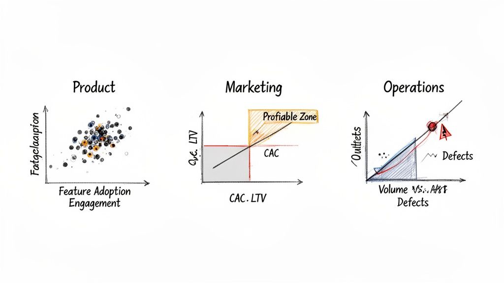 Three hand-drawn charts showing product feature engagement, marketing profitability, and operations defect analysis.