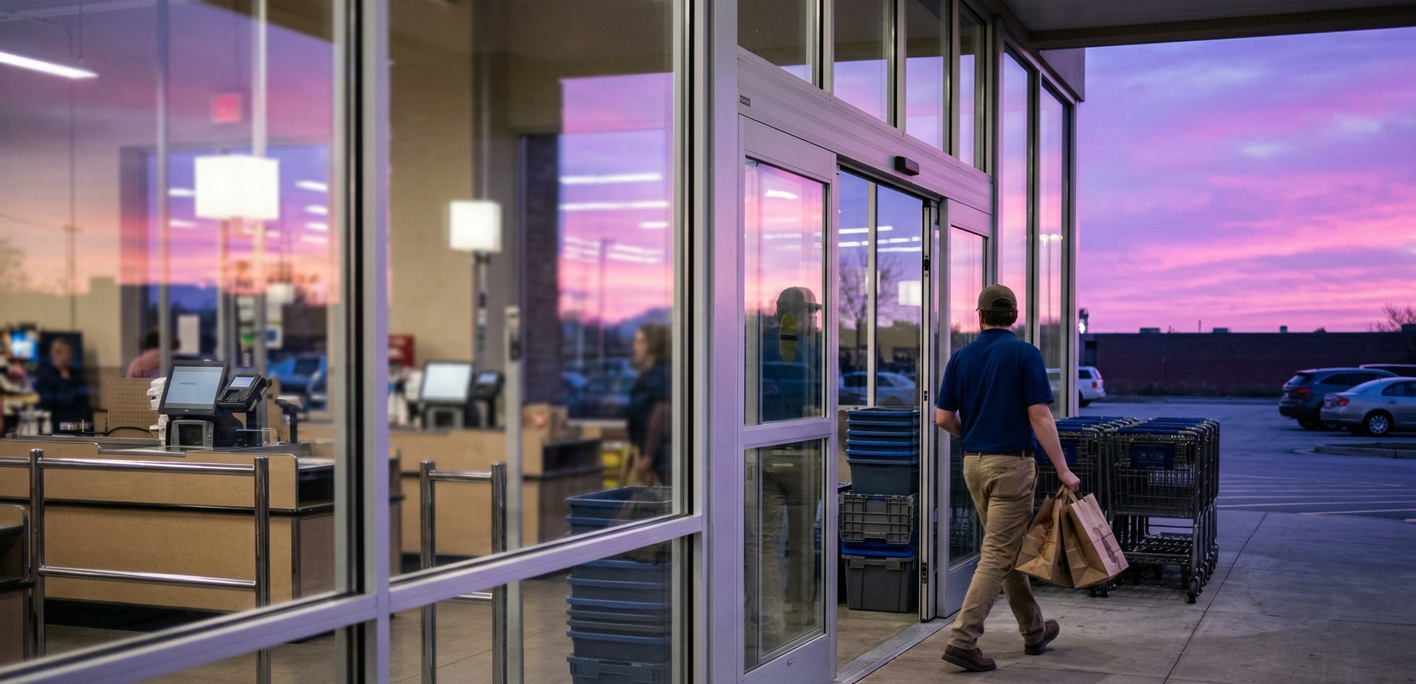 grocery store exit and parking lot