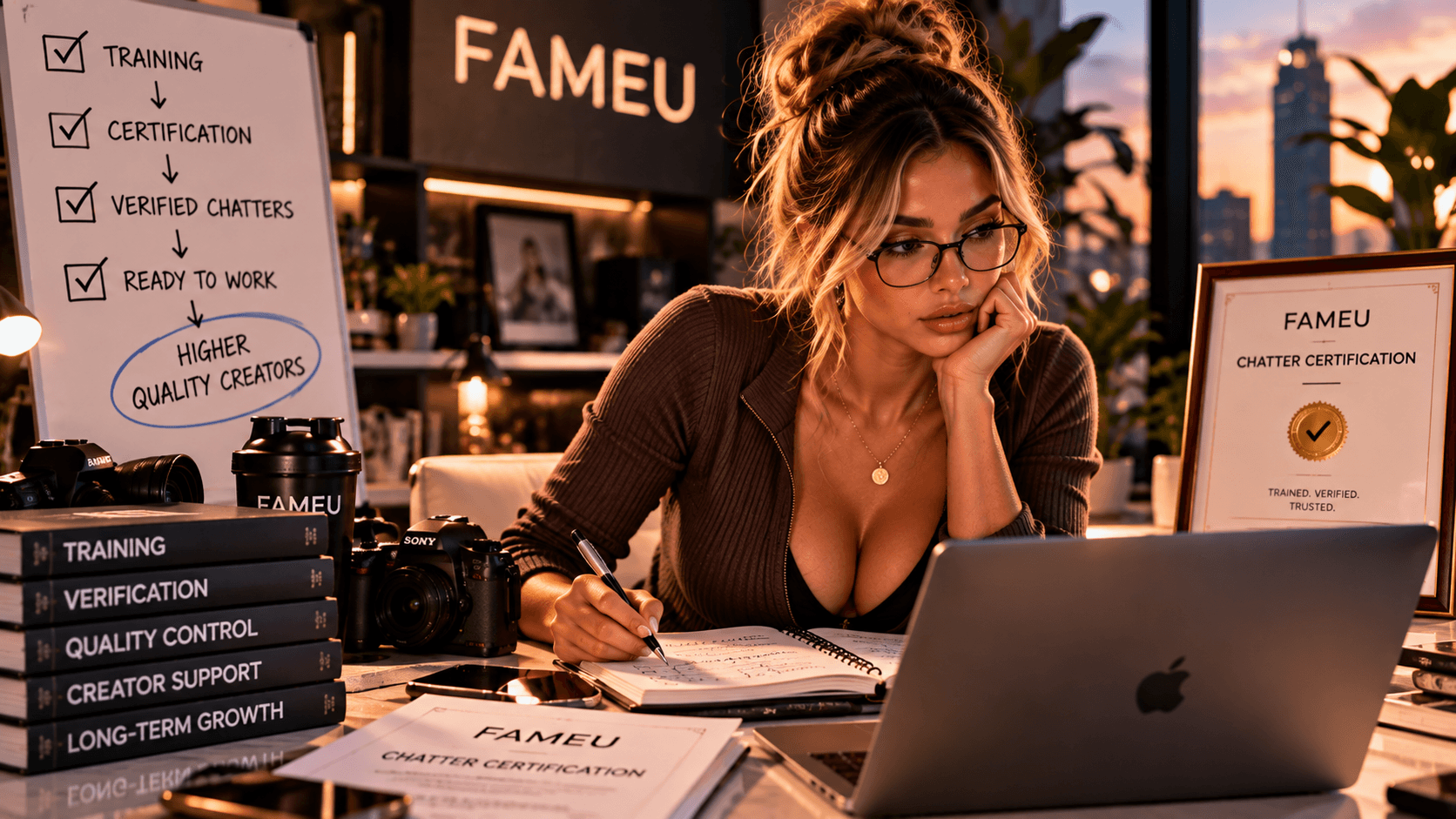 FameU chatter certification process showing training, verification and quality control for OnlyFans chatters