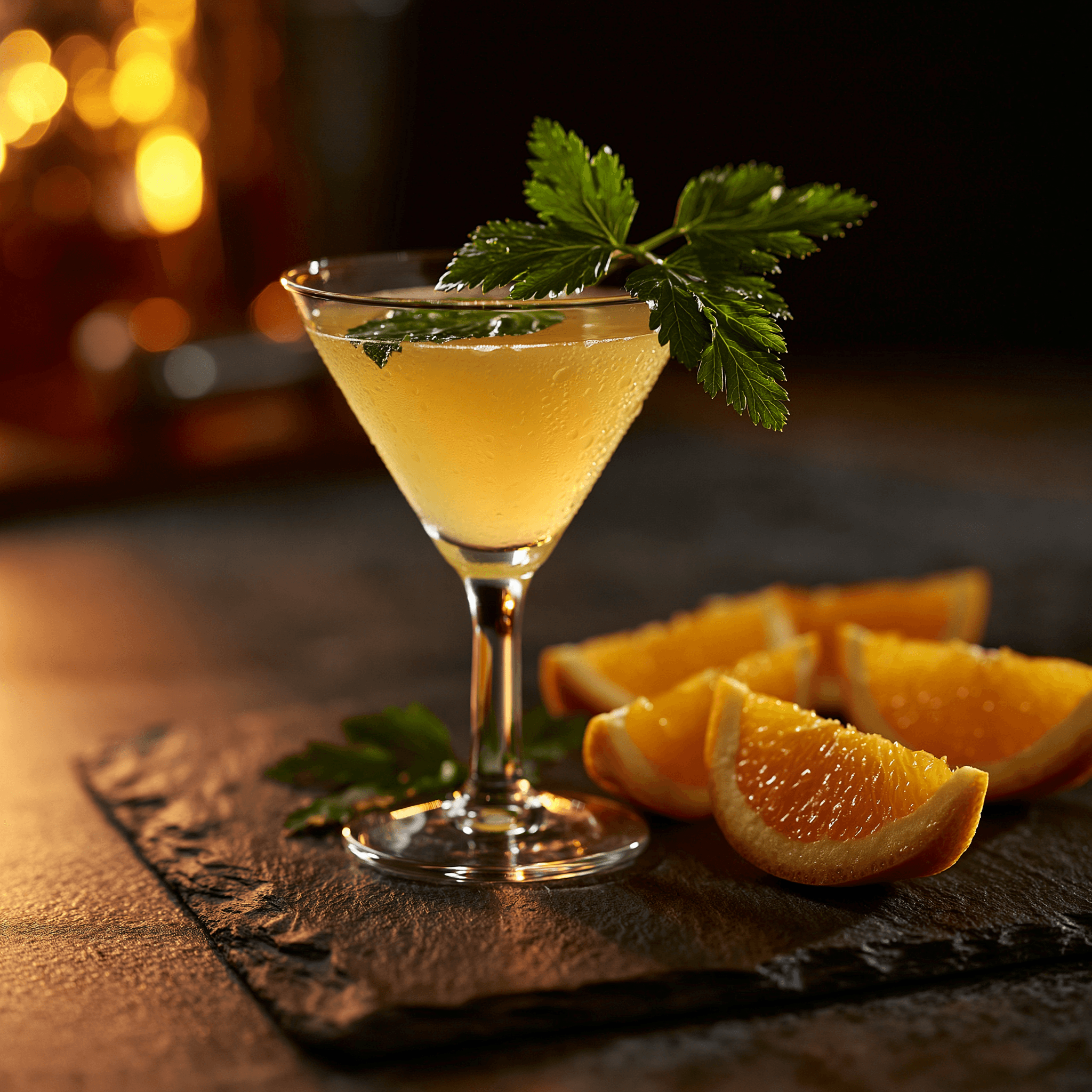 Cocktail with orange slices and garnish.