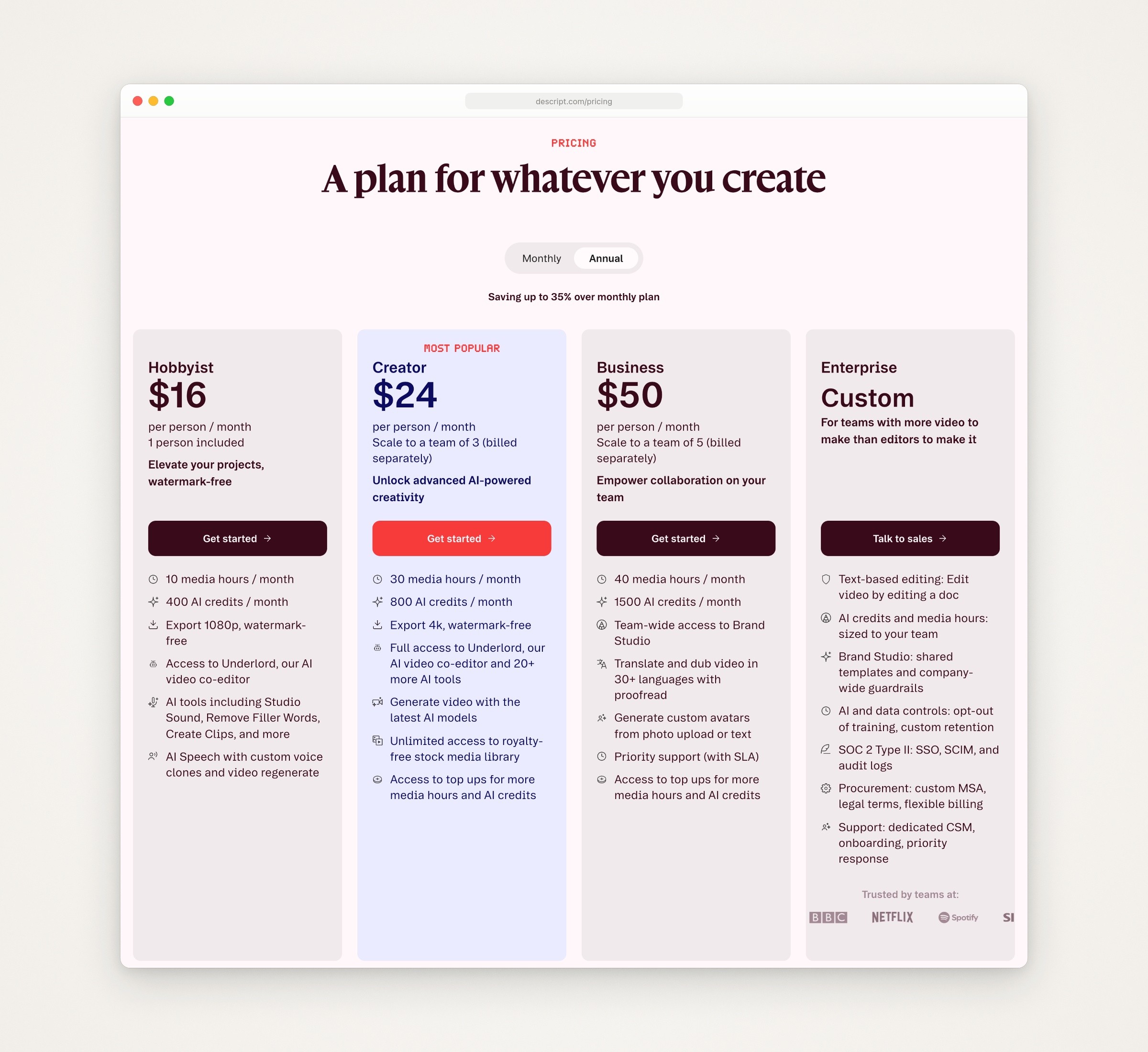 Descript’s pricing page with annual billing: Hobbyist $16, Creator $24 and Business $50 per person a month, and Enterprise at a custom price