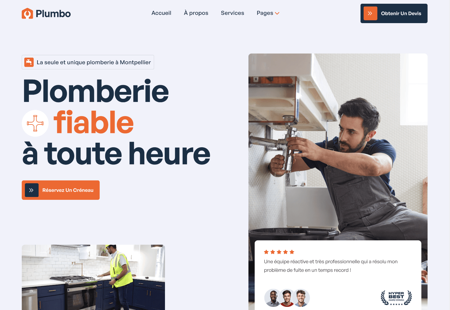 Maquette site plomberie Plumbo (Montpellier) par Weby Studio. Design fiable optimisé pour la réservation de créneau.