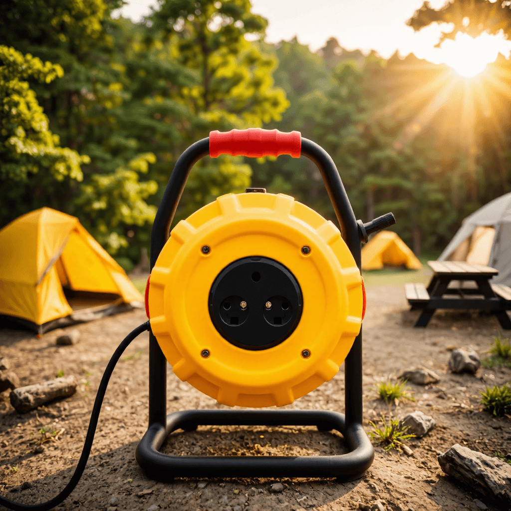 product photography of a round electrical extension reel with multiple sockets