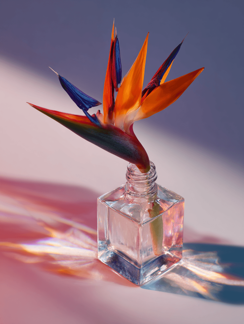 a dropping bottle with bird of paradise flower
