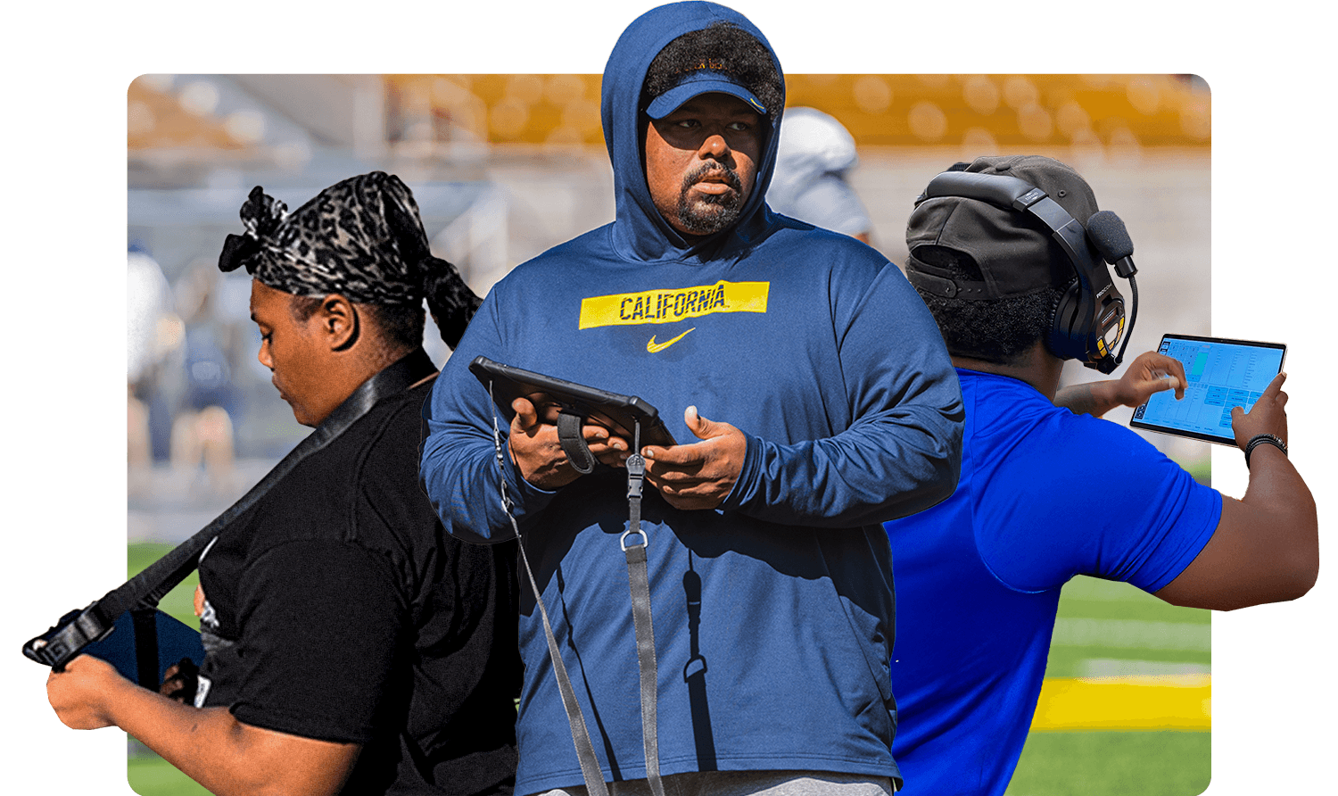 Football coaches on the sideline using Modern Football — platform built for fast, easy sideline implementation