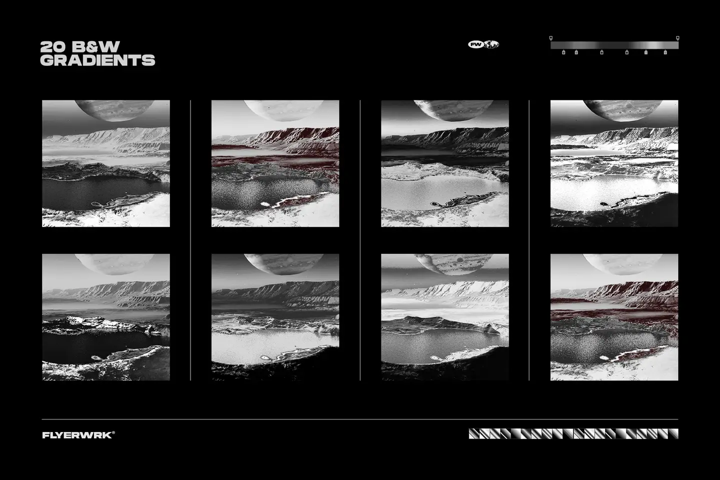 Selection of 20 high contrast black and white gradient maps for atmospheric landscape photography editing