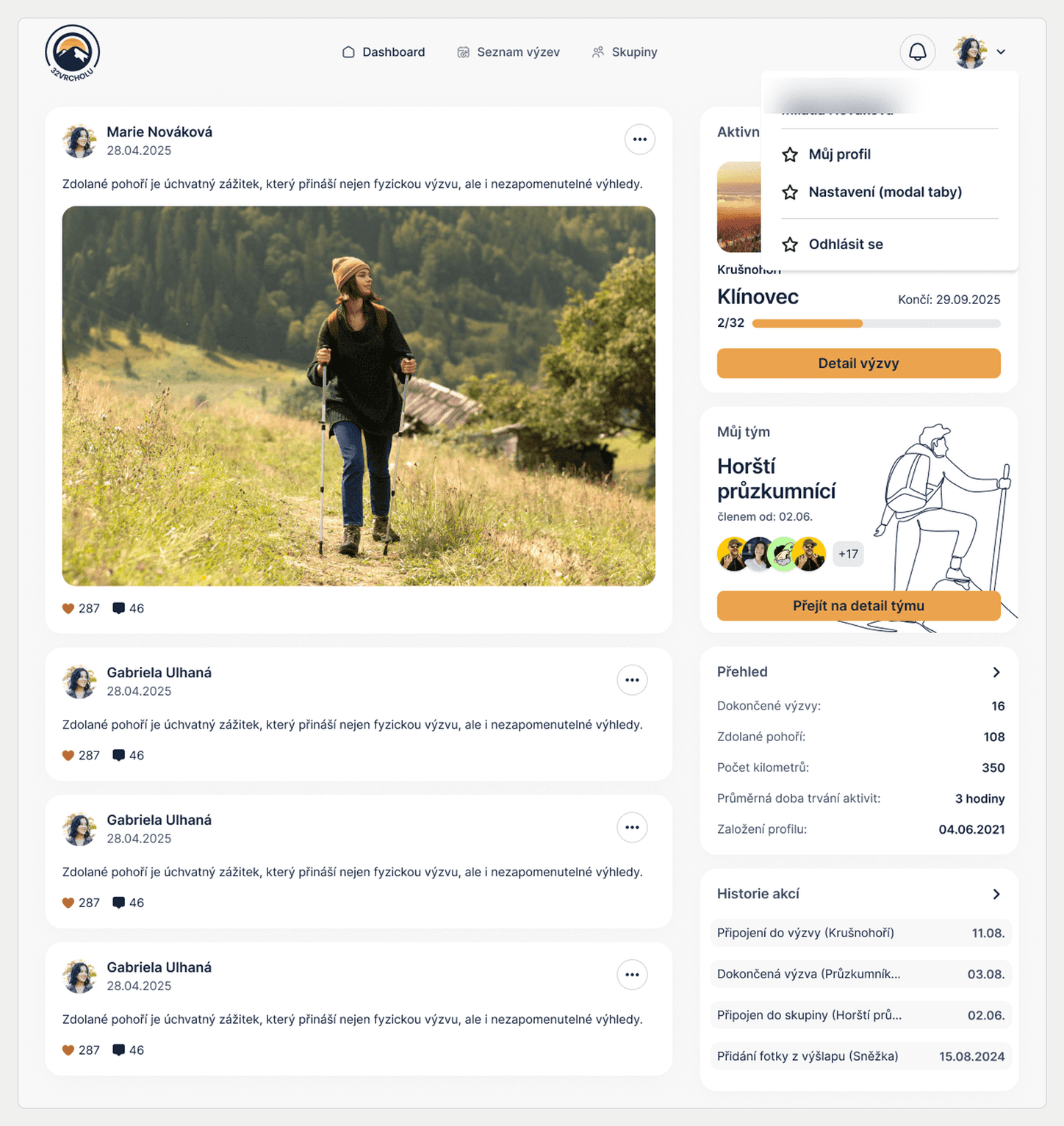 Dashboard aplikace: feed příspěvků a postranní panel s aktivními výzvami, týmem, přehledem a historií.