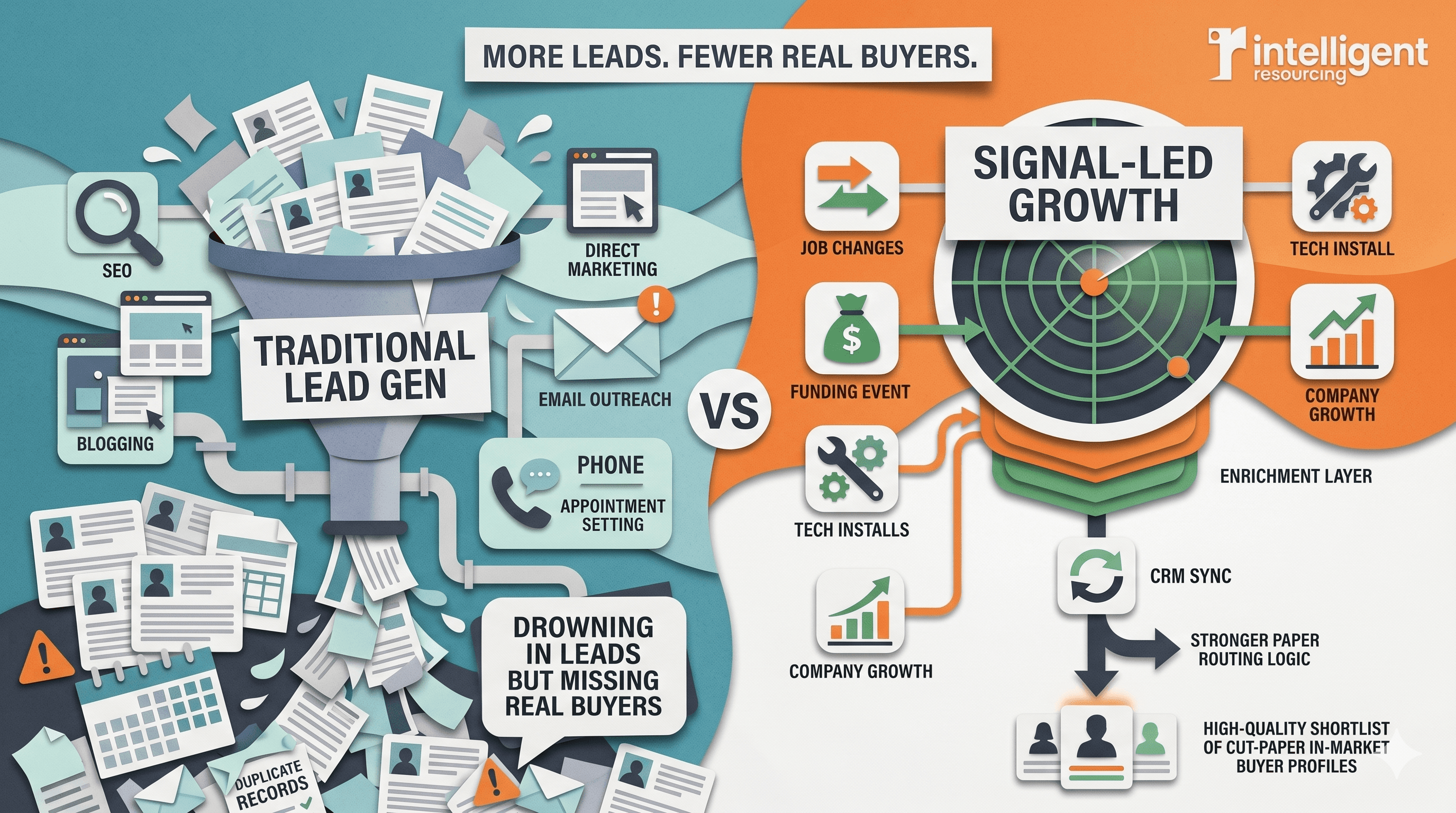 comparison showing a traditional lead generation model flooding teams with generic leads, duplicate records and cluttered CRM activity, versus a signal-led growth system that detects real buyer signals, enriches data, syncs cleanly to CRM and routes a smaller shortlist of in-market buyers.