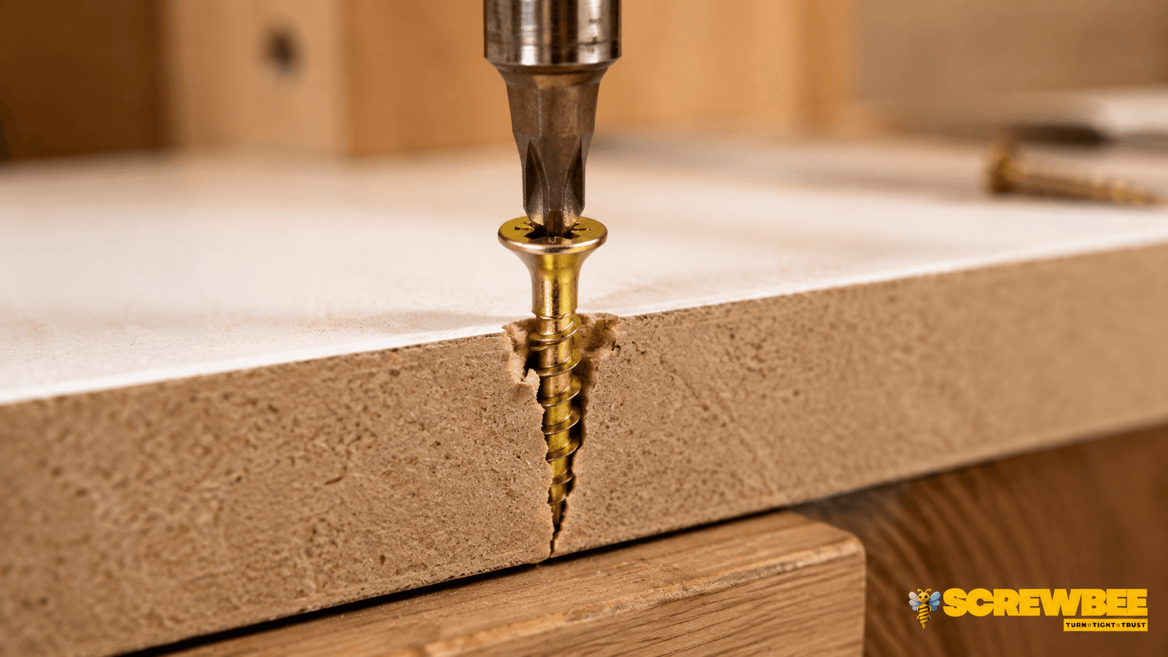 Gold zinc Chipboard Screw being driven into MDF near a split edge