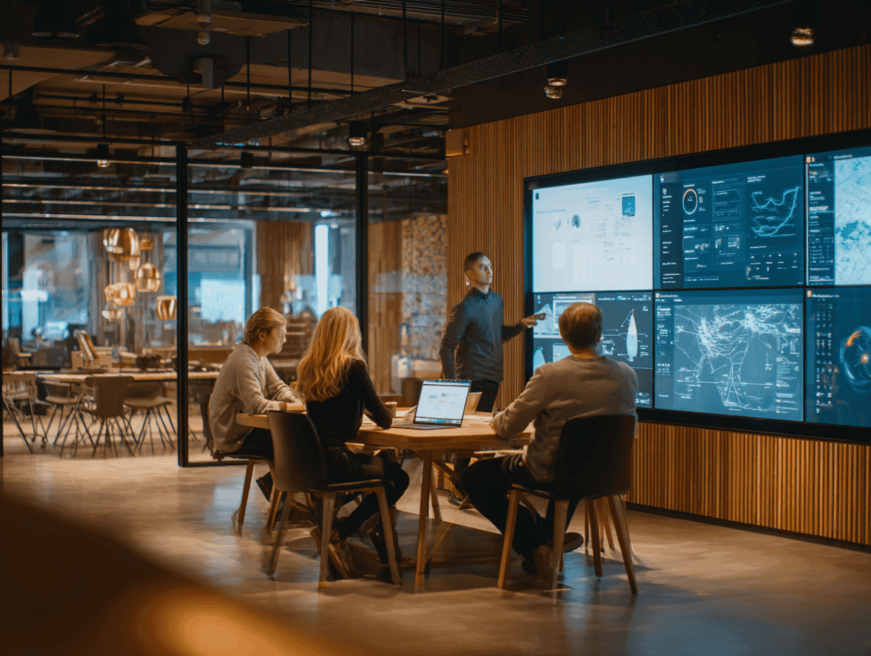 A modern office environment with professionals collaborating around digital dashboards and cloud-based systems
