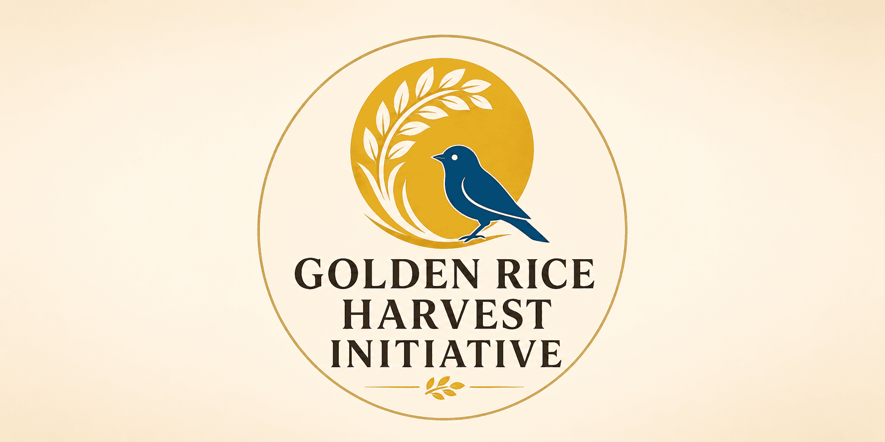 Golden Rice Harvest Initiative logo featuring a blue bird, golden grain, and circular gold emblem.
