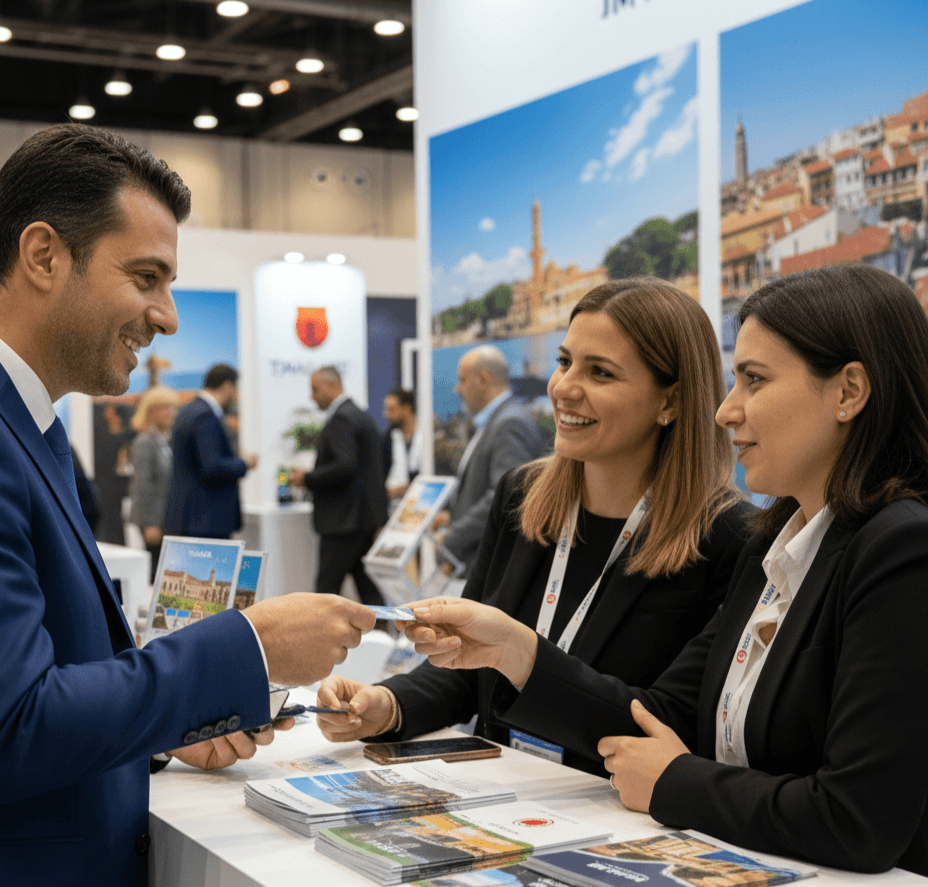 Tourism professionals networking and exchanging contacts inside IMTM Tourism Exhibition 2026 at Expo Tel Aviv