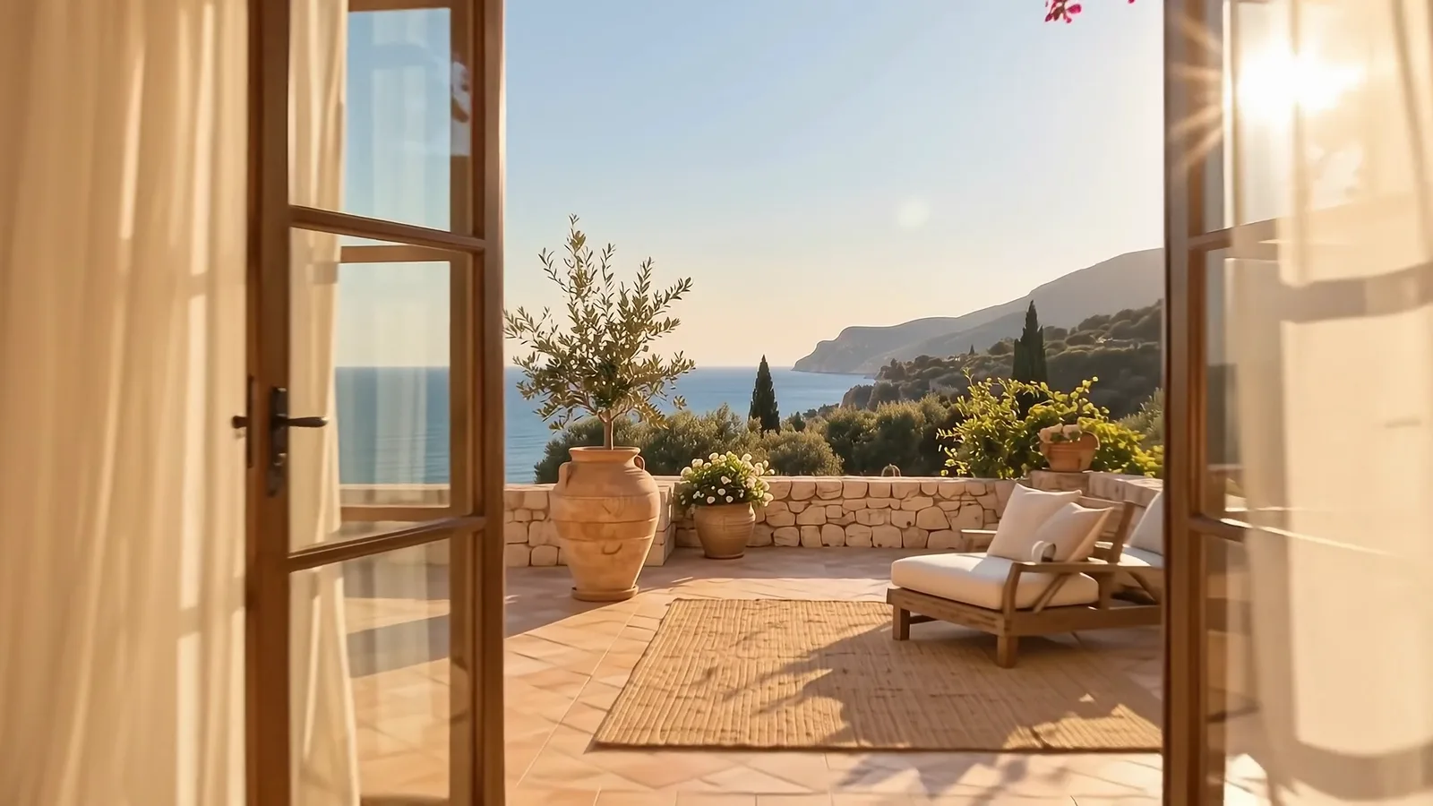 Sun loungers on the terrace outside the bedroom, above the bay
