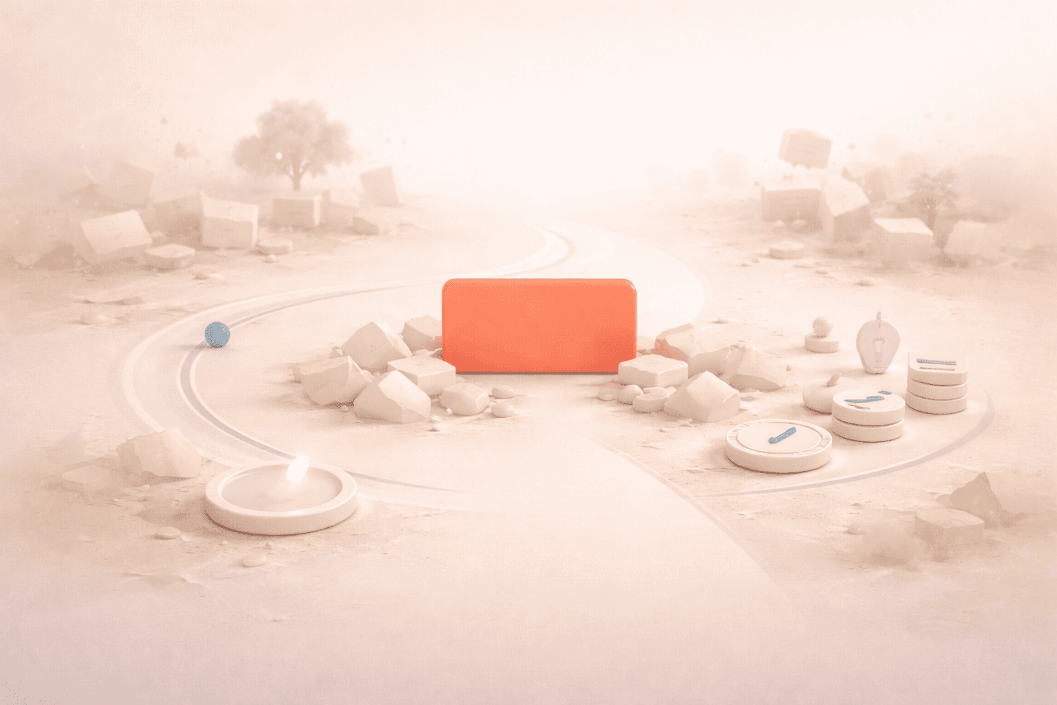 Minimalistische 3D-Illustration einer korallfarbenen Fokuskarte, die sich aus einem Haufen heller, fragmentierter Ideen-Elemente löst, während sich ein klarer Weg nach vorne öffnet und dezente Symbole wie ein Timer, strukturierte Aufgabenchips und sanfte Bewegungs- sowie Ruheelemente kreative Blockaden und deren Auflösung darstellen.