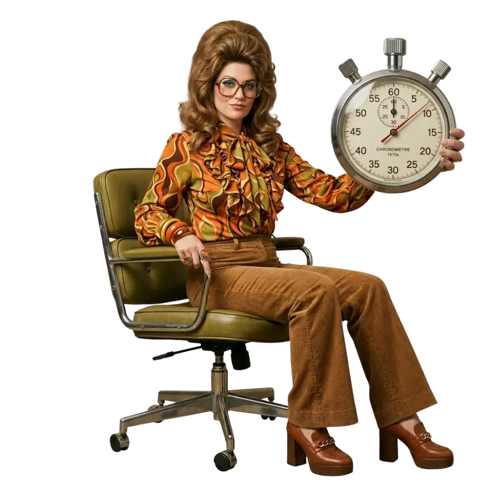 Femme des années 70 assise dans un fauteuil et brandissant un chronomètre