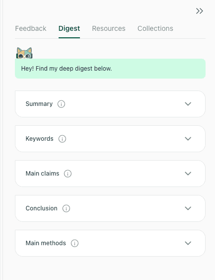 Screenshot of thesify’s digest feature showing summary, keywords, main claims, conclusion, and methods sections for academic writing feedback.