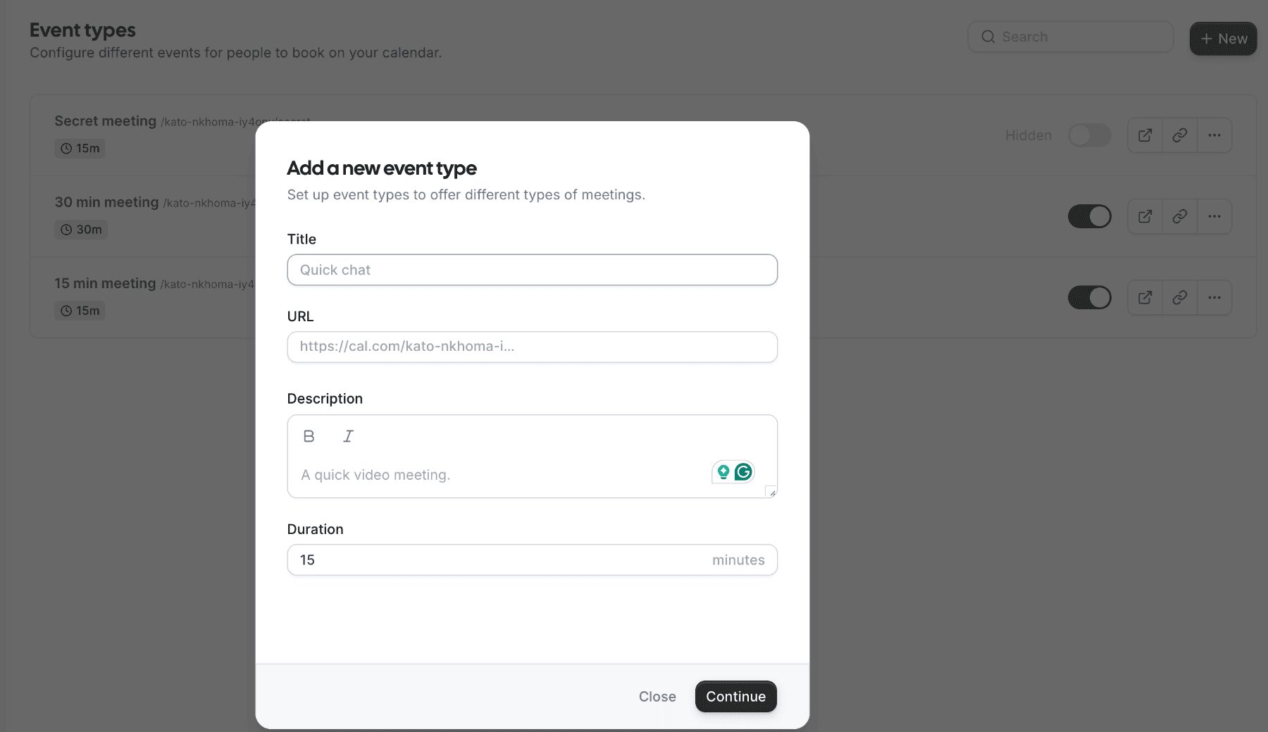 Adding event types in Cal.com
