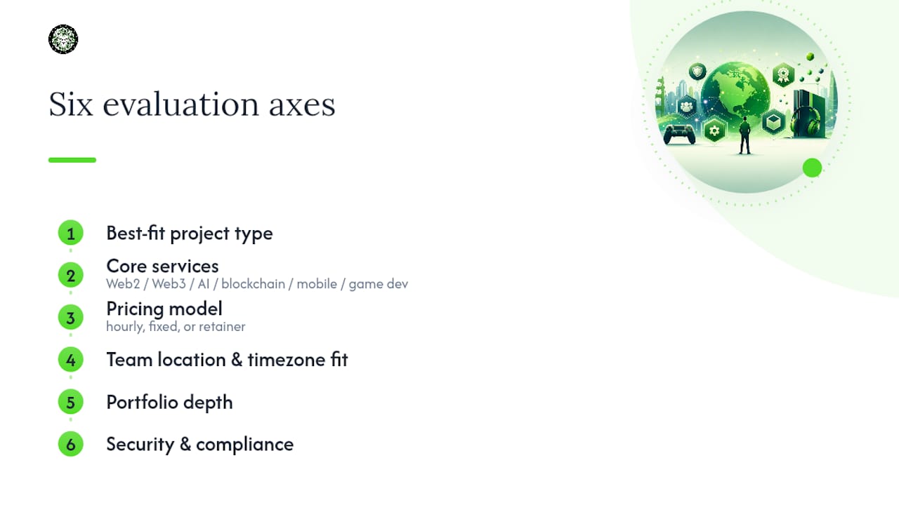 Diagram comparing six evaluation axes for vendors